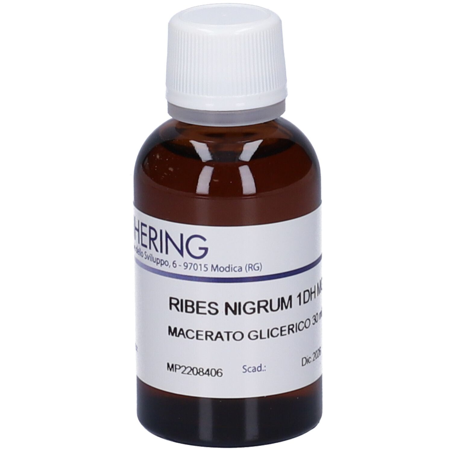 Flacone di vetro marrone con tappo bianco ed etichetta. Scritta: Ribes Nigrum 1DH MG, Macerato Glicerico. Marchio HERING.