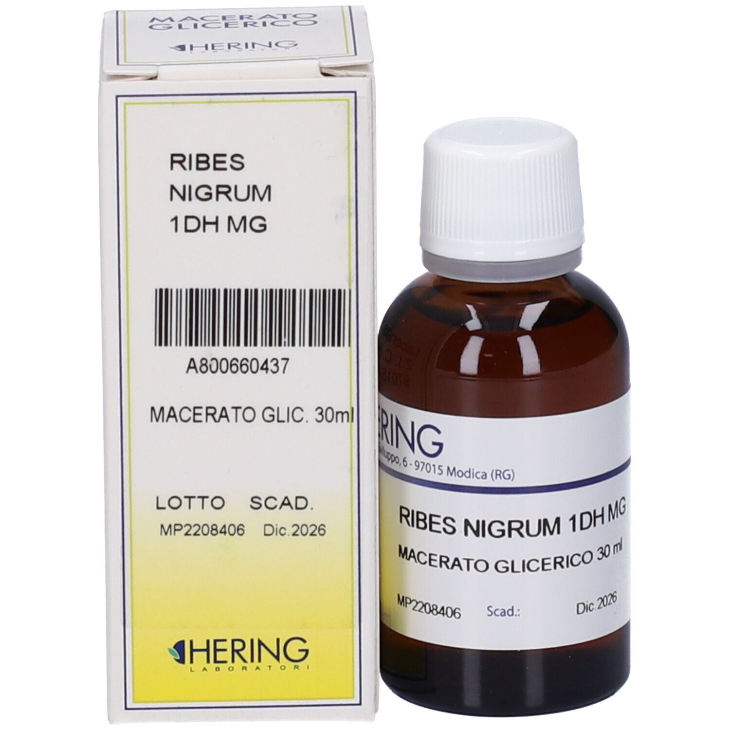 Flacone di vetro marrone con tappo bianco e scatola. Scatola con scritta: Ribes Nigrum 1DH MG, Macerato Glicerico. Marchio HERING.