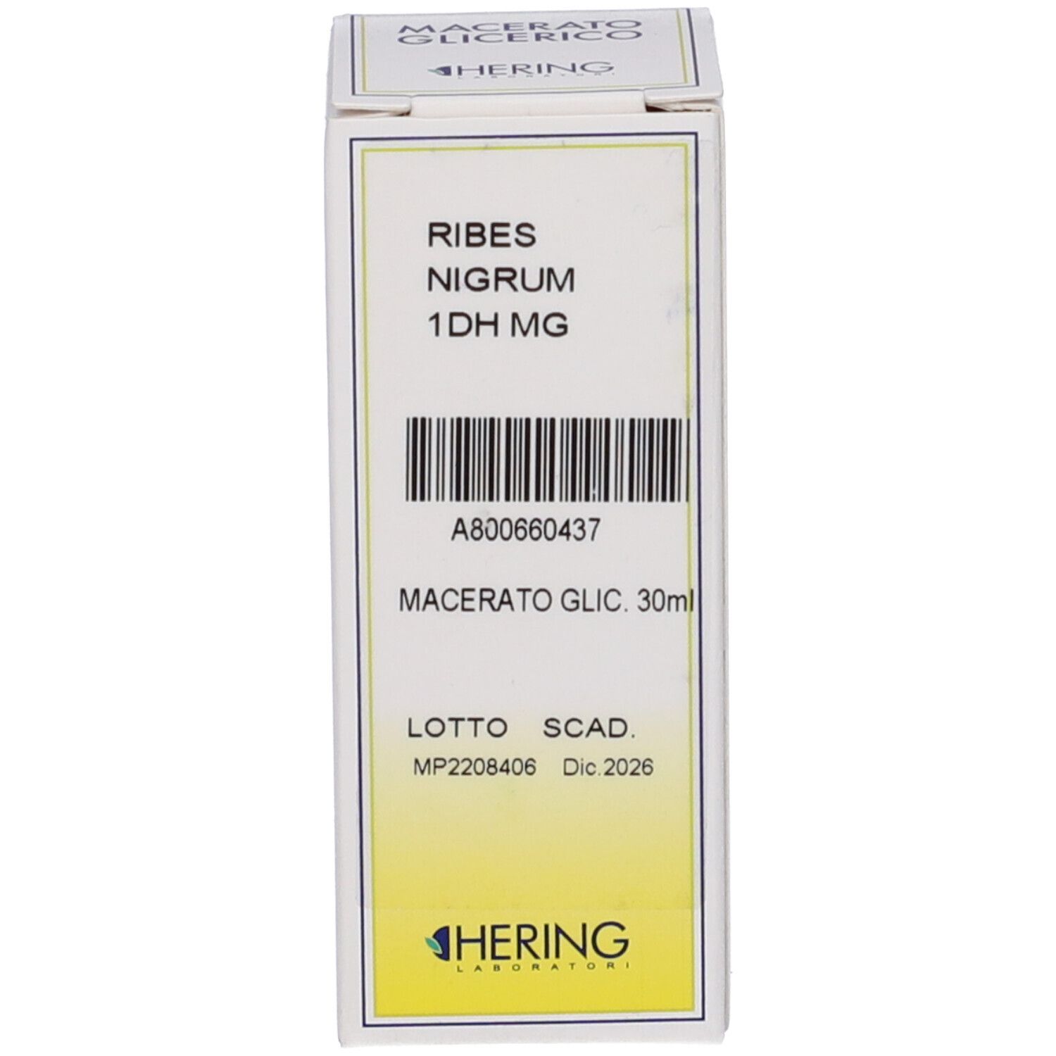 Scatola con scritta: Ribes Nigrum 1DH MG, Macerato Glicerico. Marchio HERING. Codice a barre e testo.