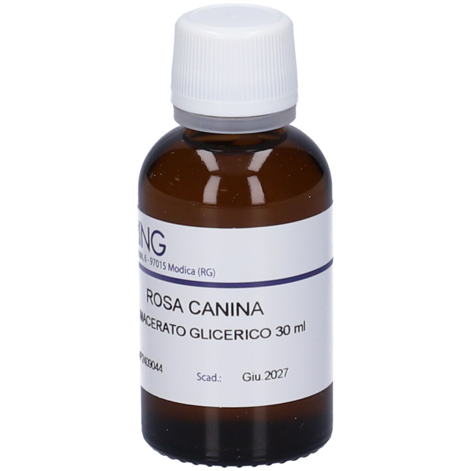 Flacone di vetro marrone con tappo bianco. Etichetta con testo: ROSA CANINA Macerato Glicerico.