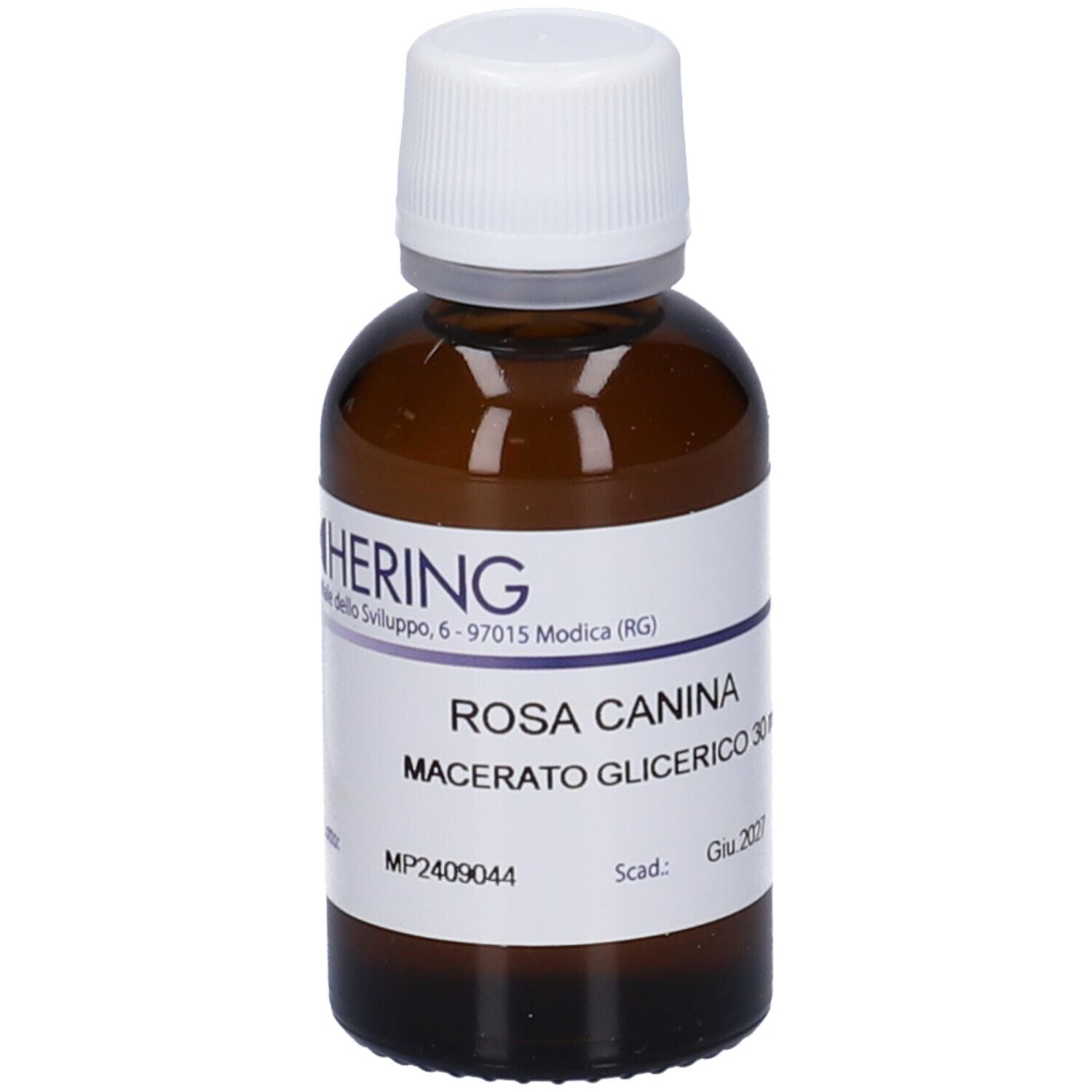 Flacone di vetro marrone con tappo bianco. Etichetta con testo: ROSA CANINA Macerato Glicerico.