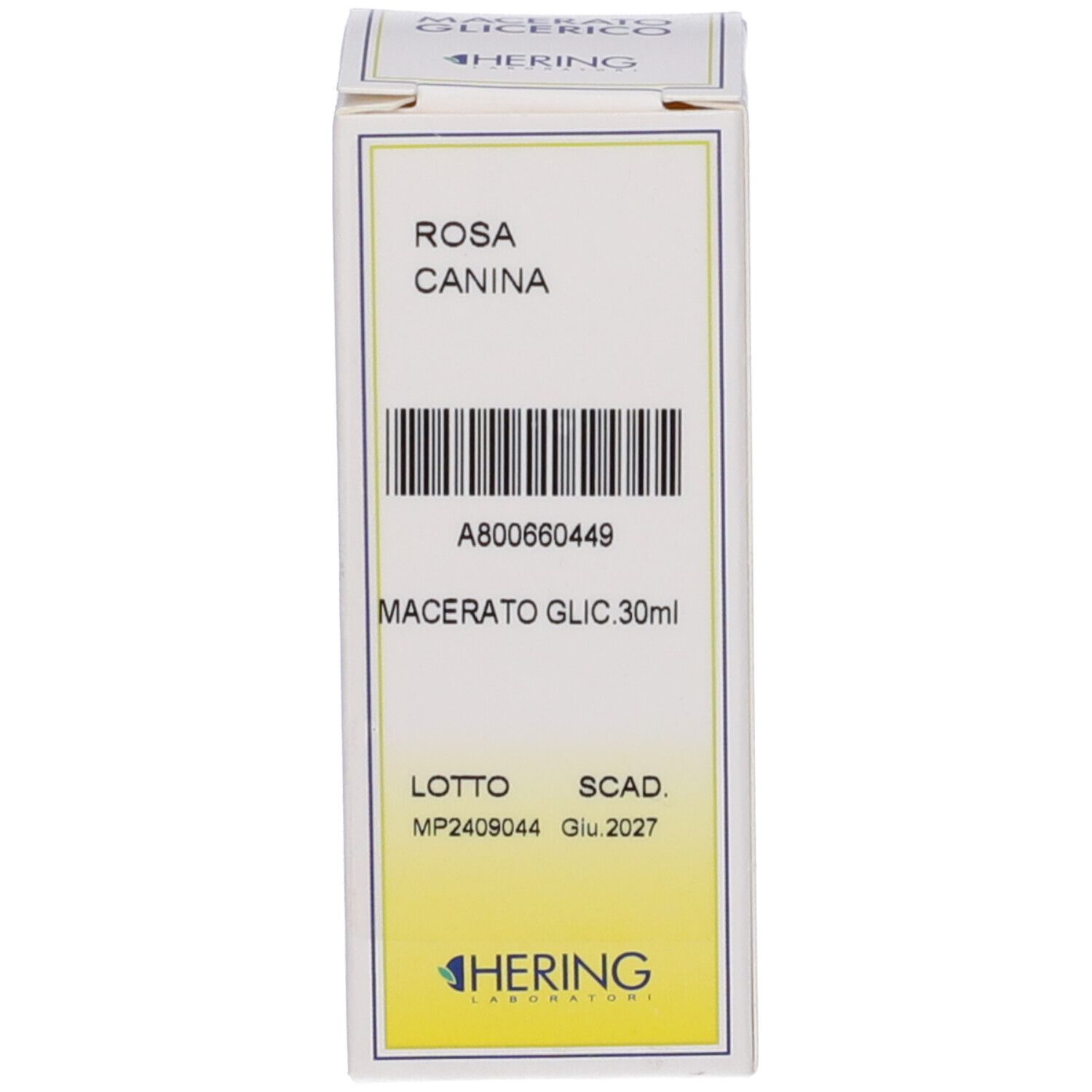Scatola con testo: ROSA CANINA Macerato Glic. 30ml. Marchio HERING.