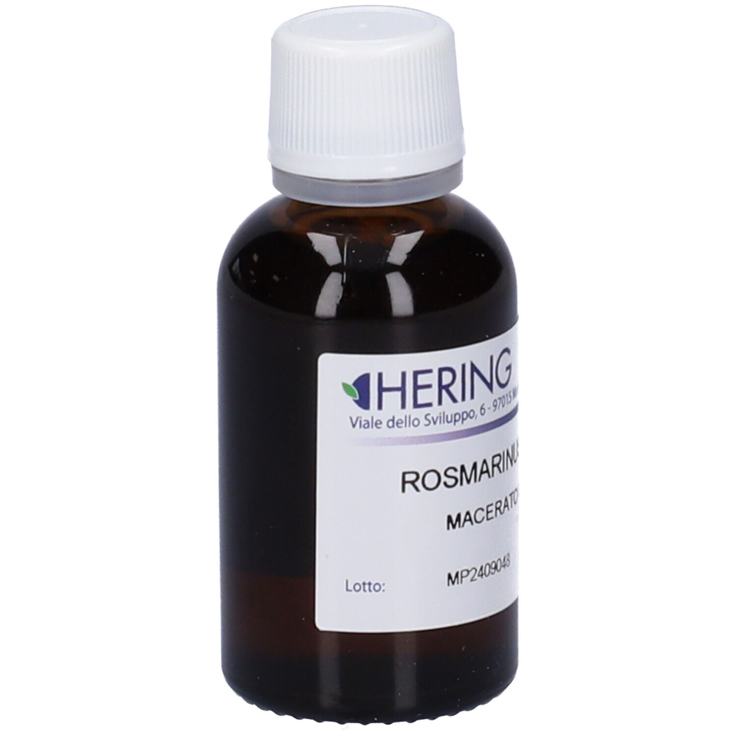 Flacone di vetro marrone con tappo bianco ed etichetta. Scritta: HERING, ROSMARINUS OFFICINALIS, Macerato Glicerico.