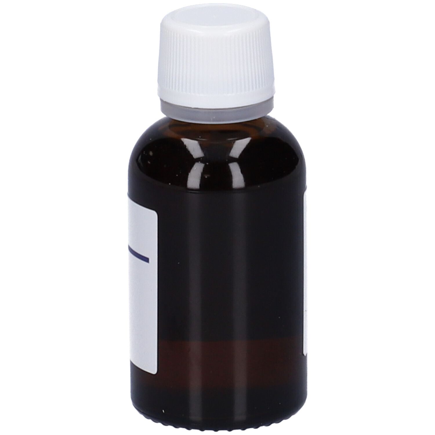Flacone di vetro marrone con tappo bianco ed etichetta. Etichetta con linea blu. Nessun altro dettaglio visibile.