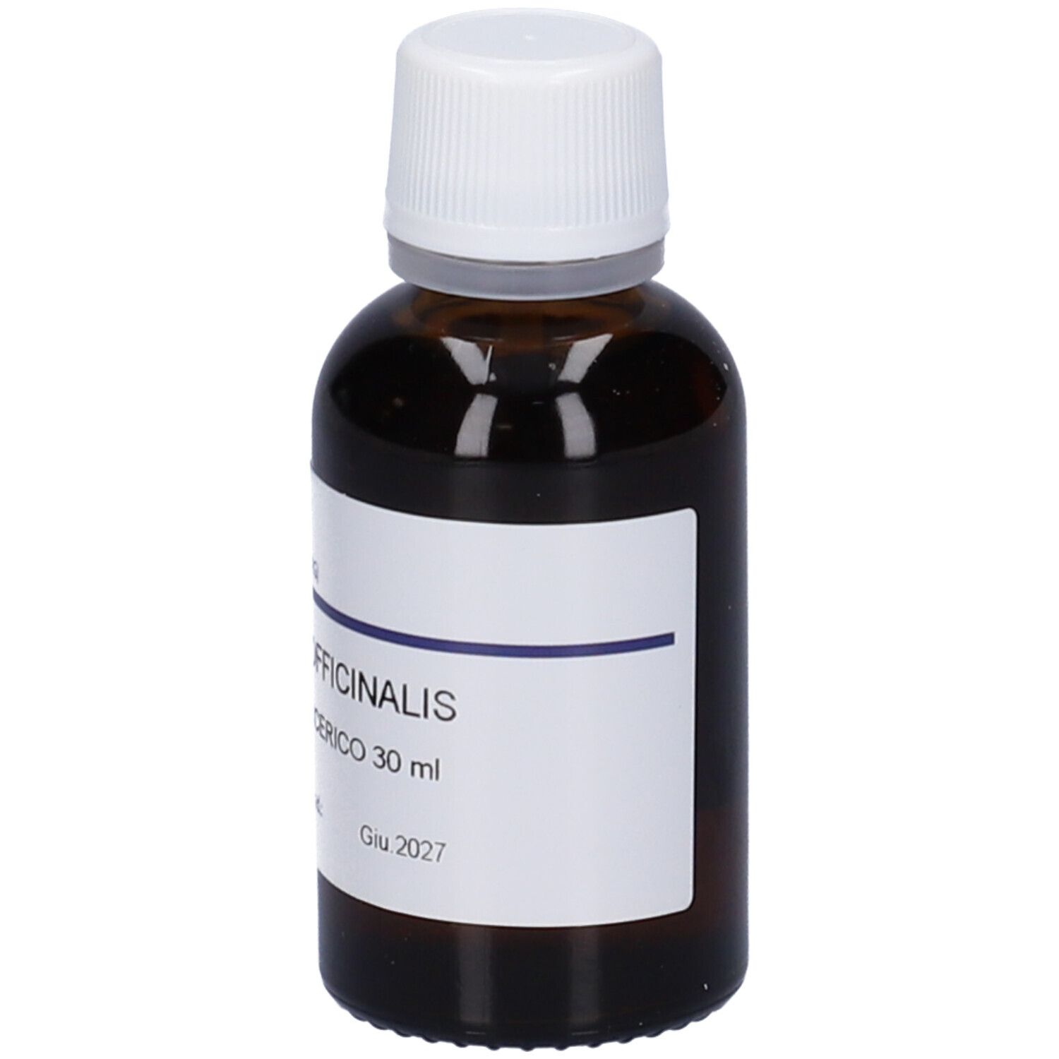 Flacone di vetro marrone con tappo bianco ed etichetta. Scritta: OFFICINALIS, Macerato Glicerico 30 ml, Giu 2027.