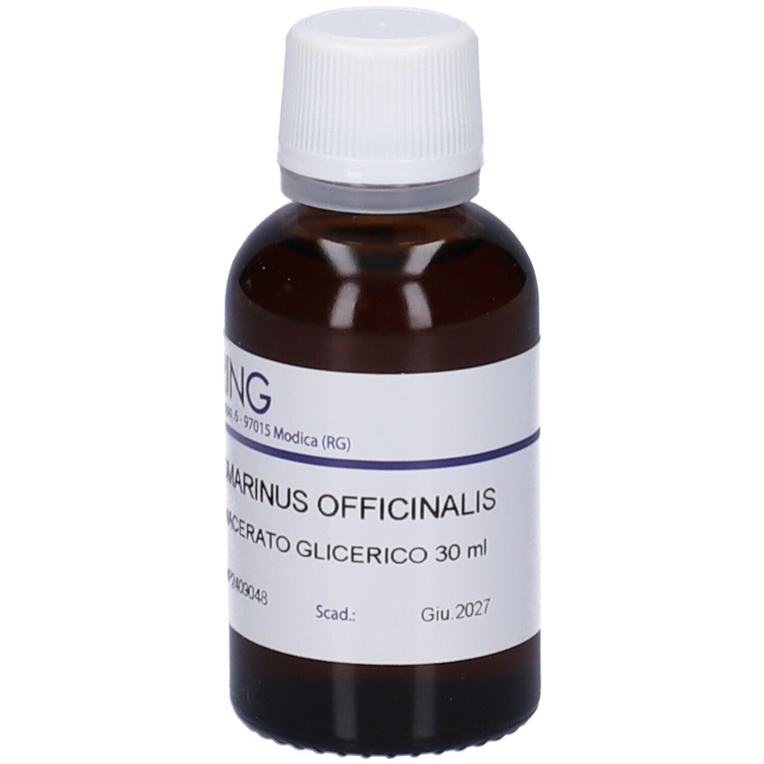 Flacone di vetro marrone con tappo bianco ed etichetta. Scritta: MARINUS OFFICINALIS, Macerato Glicerico 30 ml, Giu 2027.