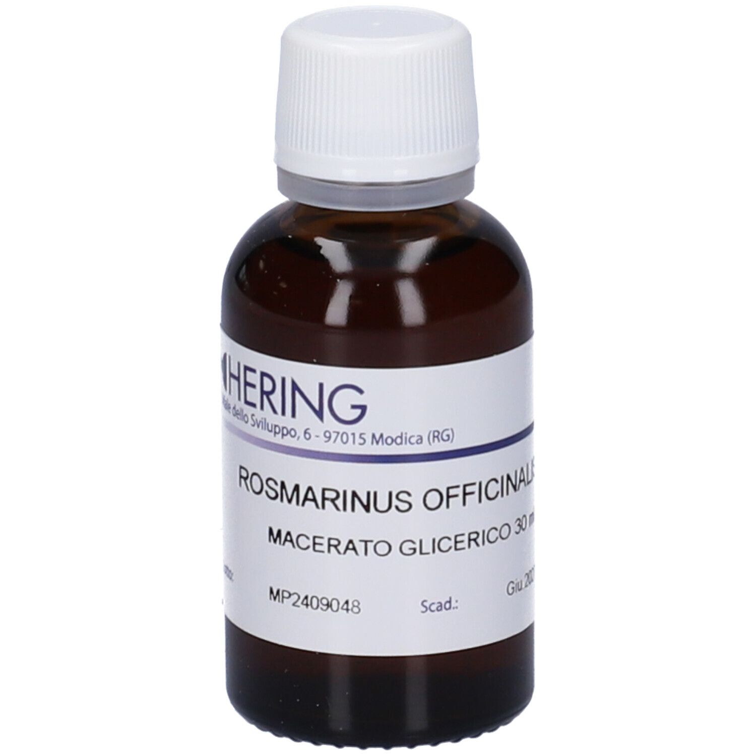 Flacone di vetro marrone con tappo bianco ed etichetta. Scritta: HERING, ROSMARINUS OFFICINALIS, Macerato Glicerico 30 ml.
