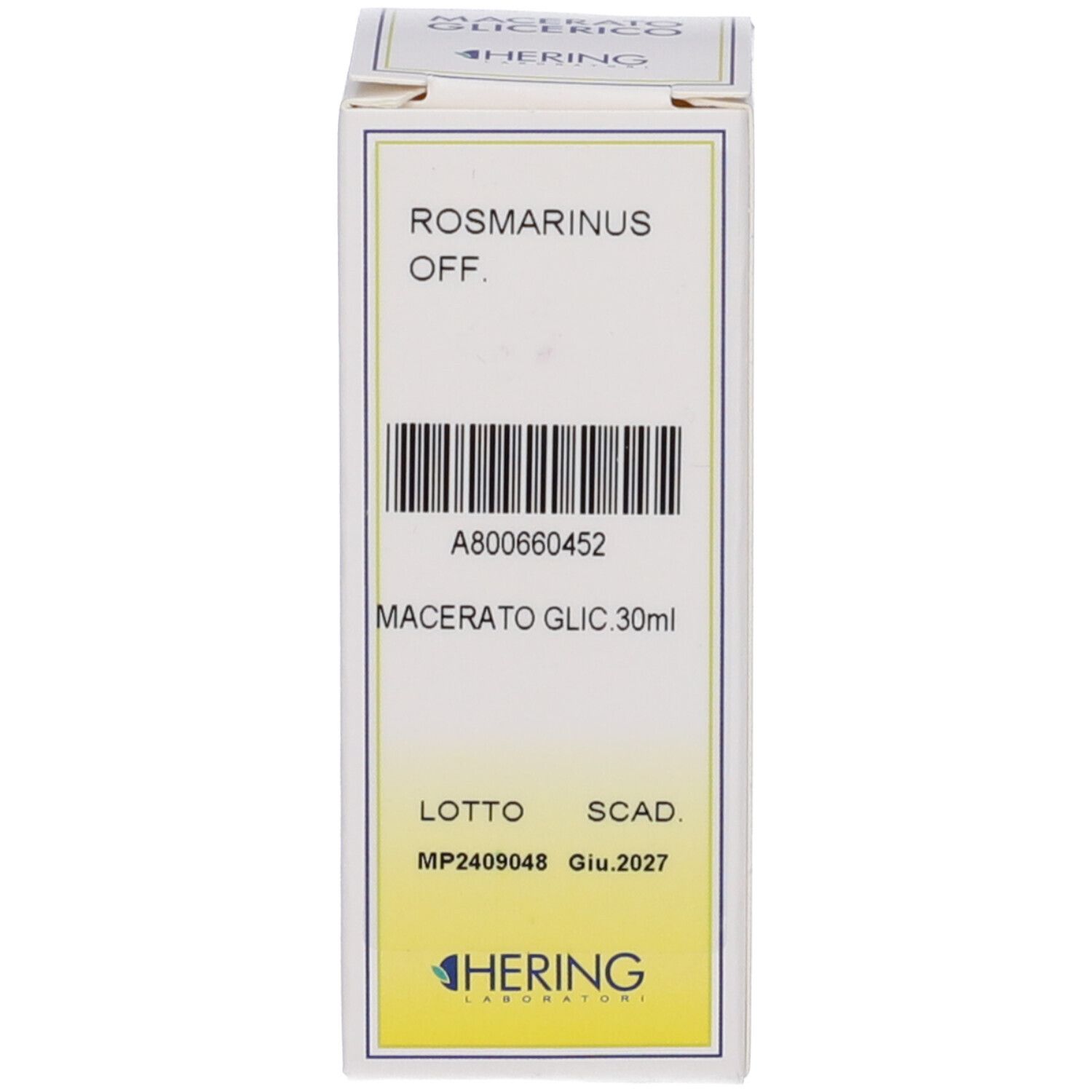 Confezione bianca del prodotto con testo e codice a barre. Scritta: ROSMARINUS OFF., Macerato Glic. 30ml, HERING.