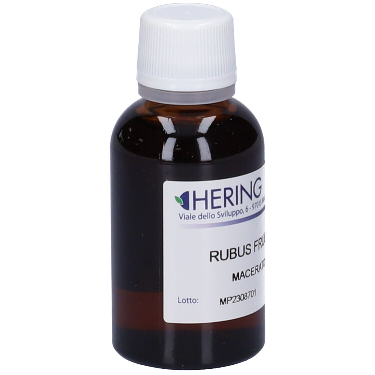Flacone di vetro marrone con tappo bianco ed etichetta. Scritta: HERING, RUBUS FRUCTICOSUS, Macerato Glicerico.