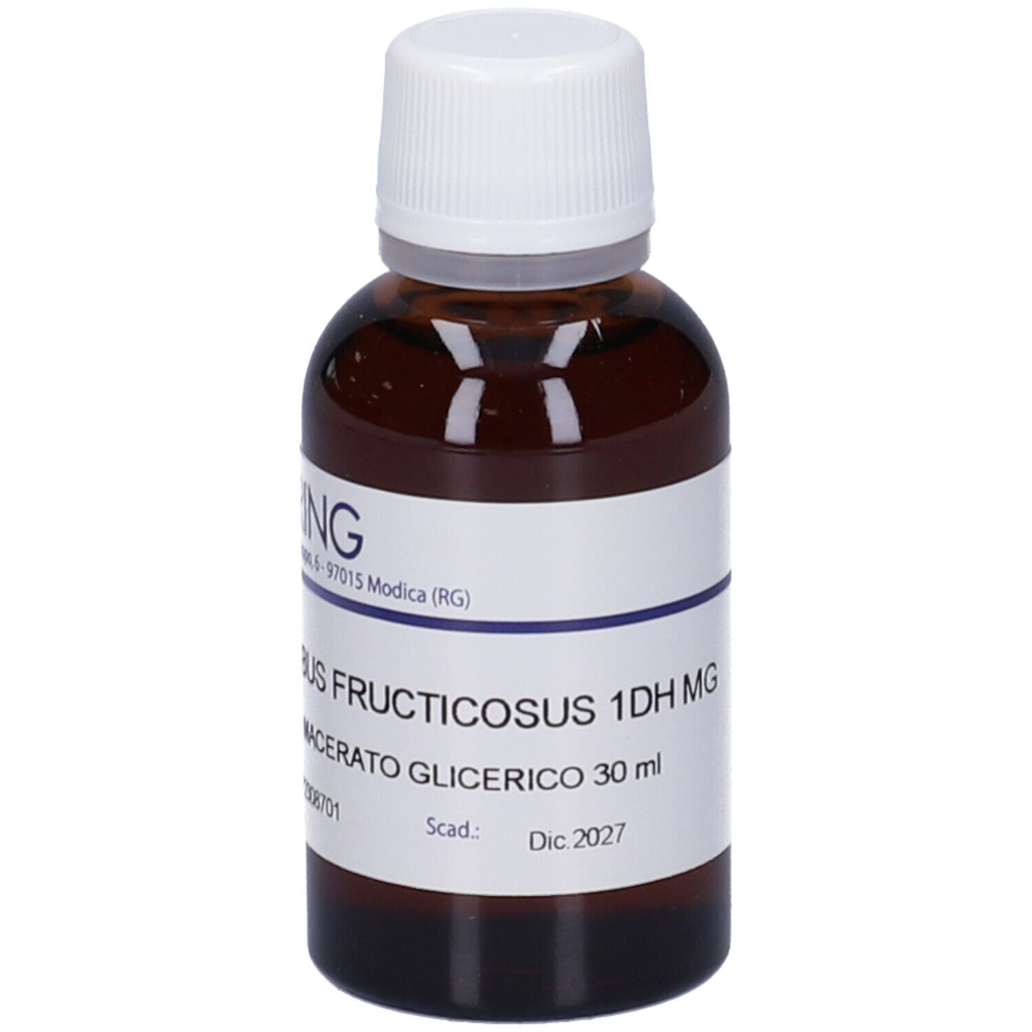 Flacone di vetro marrone con tappo bianco ed etichetta. Scritta: RUBUS FRUCTICOSUS 1DH MG, Macerato Glicerico 30 ml, Dic 2027.