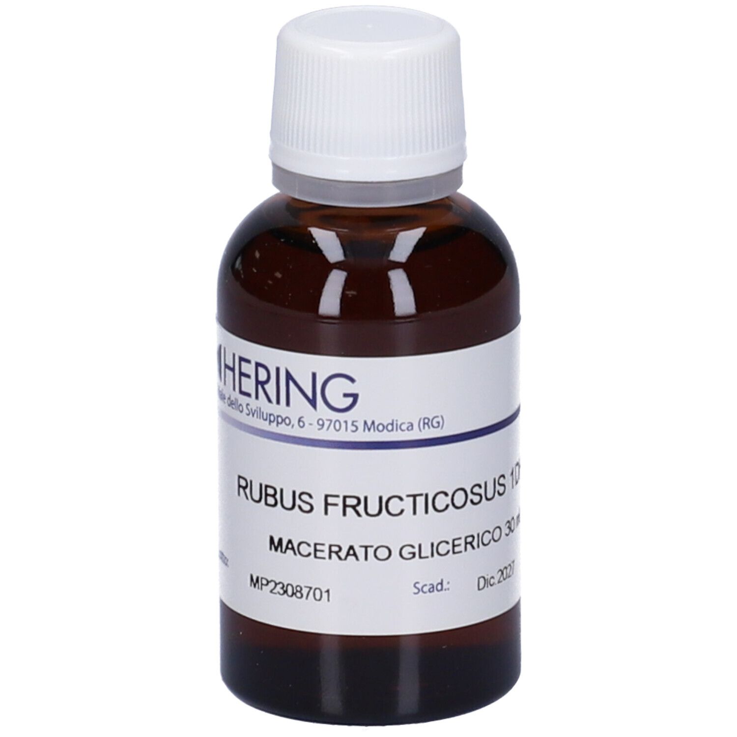 Flacone di vetro marrone con tappo bianco ed etichetta. Scritta: HERING, RUBUS FRUCTICOSUS, Macerato Glicerico 30 ml, Dic 2027.