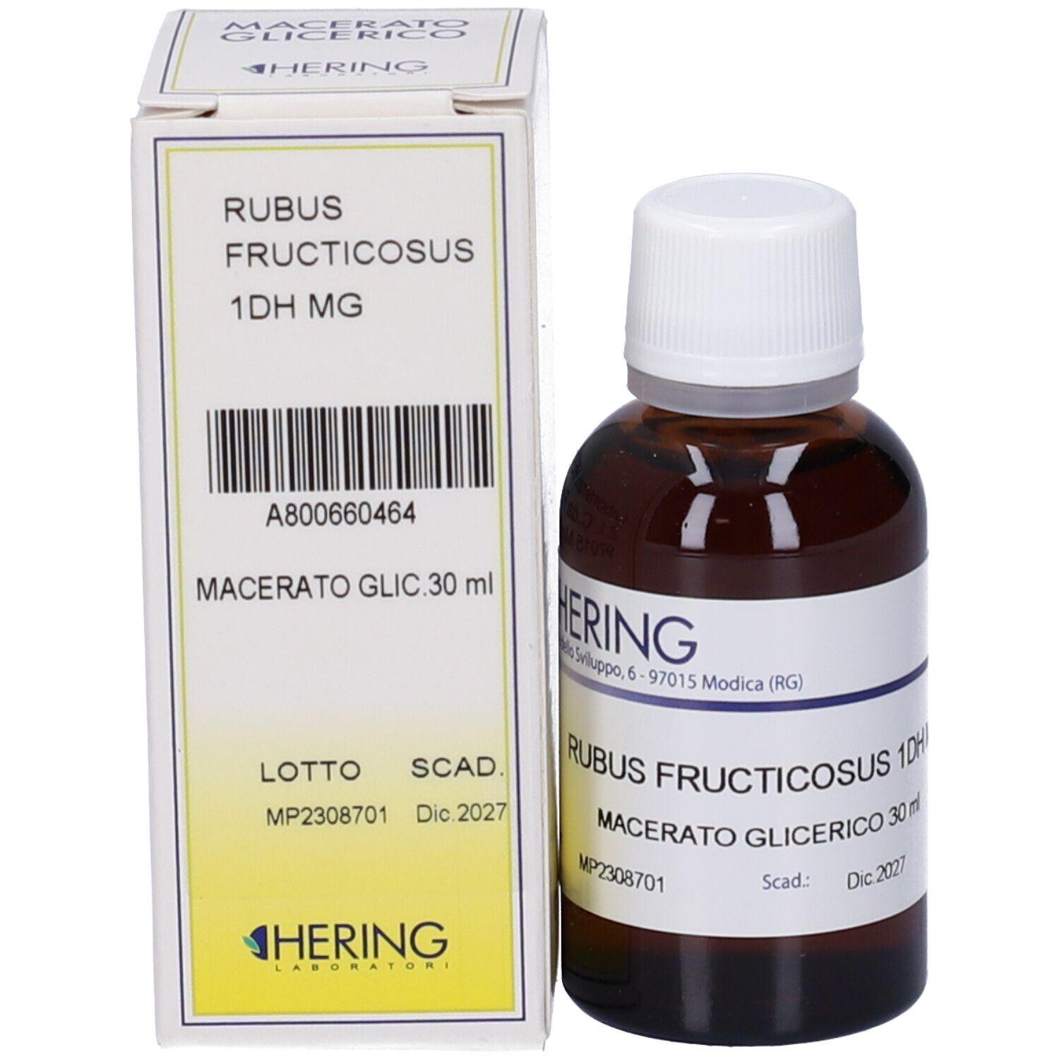 Flacone e scatola del prodotto. Flacone: vetro marrone, tappo bianco, etichetta. Scatola: bianca, gialla, testo.