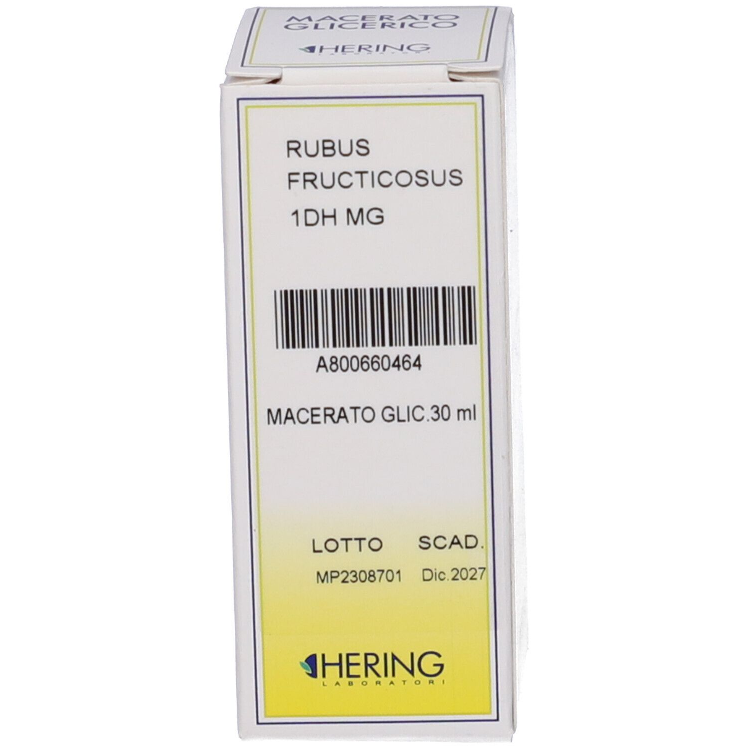 Scatola bianca con accenti gialli. Scritta: RUBUS FRUCTICOSUS 1DH MG, Macerato Glic. 30 ml, Dic 2027.
