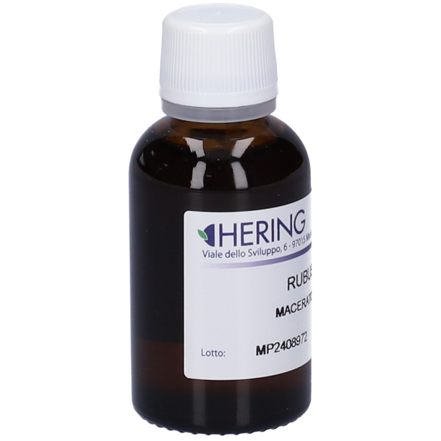 Flacone di vetro marrone con tappo bianco ed etichetta. Scritta: HERING, Rubus Idaeus Macerato. Numero di lotto e MP2408972.