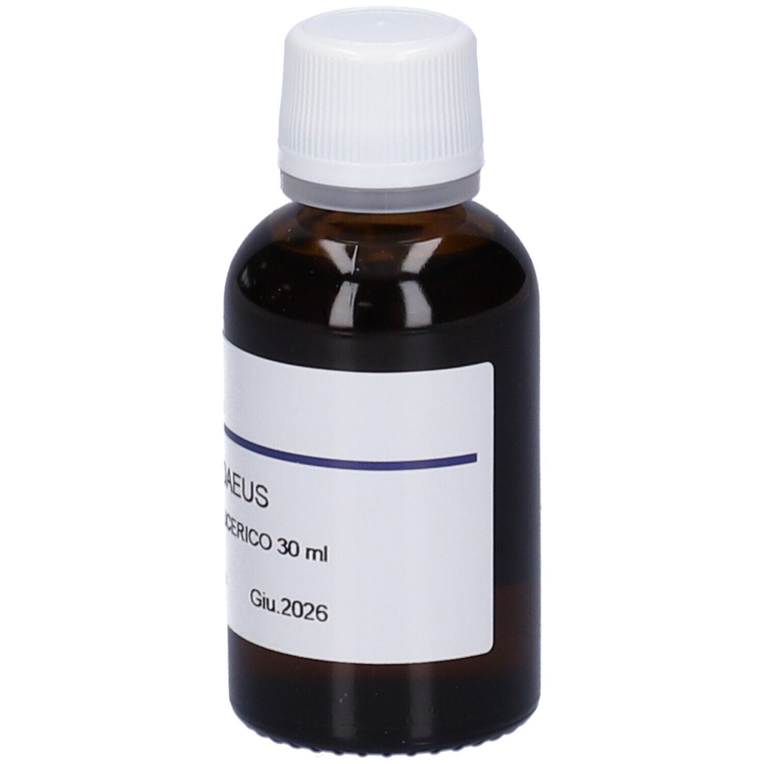 Flacone di vetro marrone con tappo bianco ed etichetta. Scritta: Rubus Idaeus Macerato Glicerico 30 ml. Scadenza: Giu.2026.