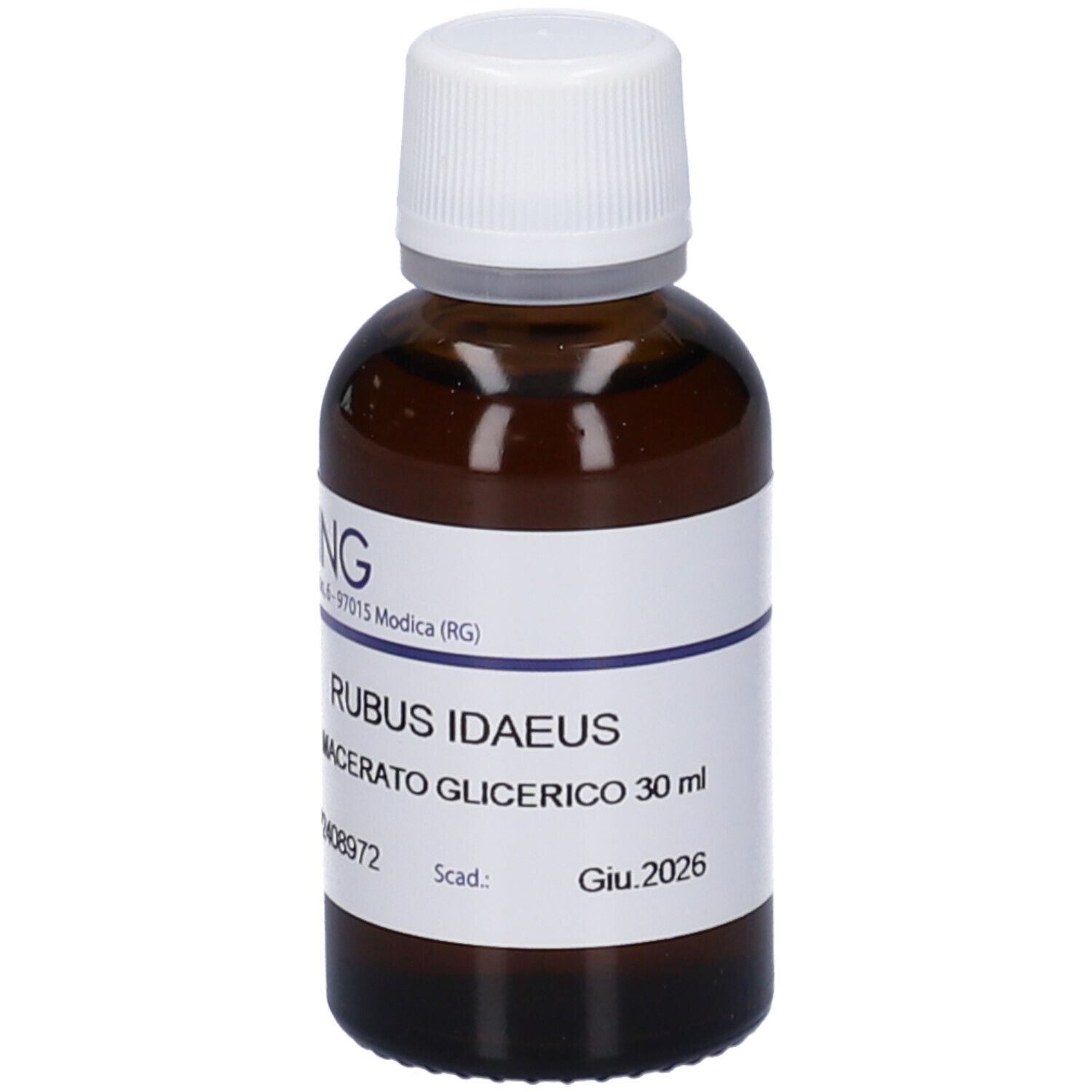 Flacone di vetro marrone con tappo bianco ed etichetta. Scritta: Rubus Idaeus Macerato Glicerico 30 ml. Scadenza: Giu.2026.