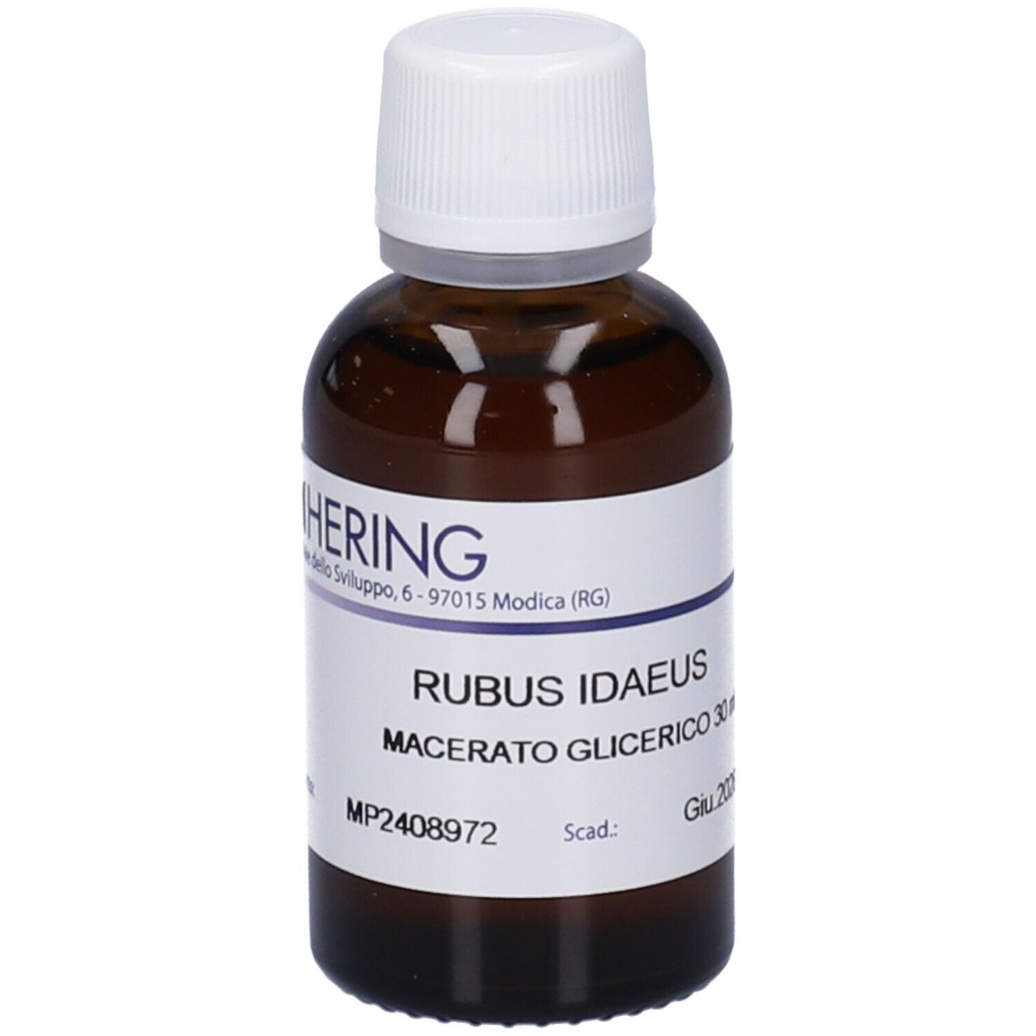 Flacone di vetro marrone con tappo bianco ed etichetta. Scritta: Rubus Idaeus Macerato Glicerico 30 ml. Marchio HERING.