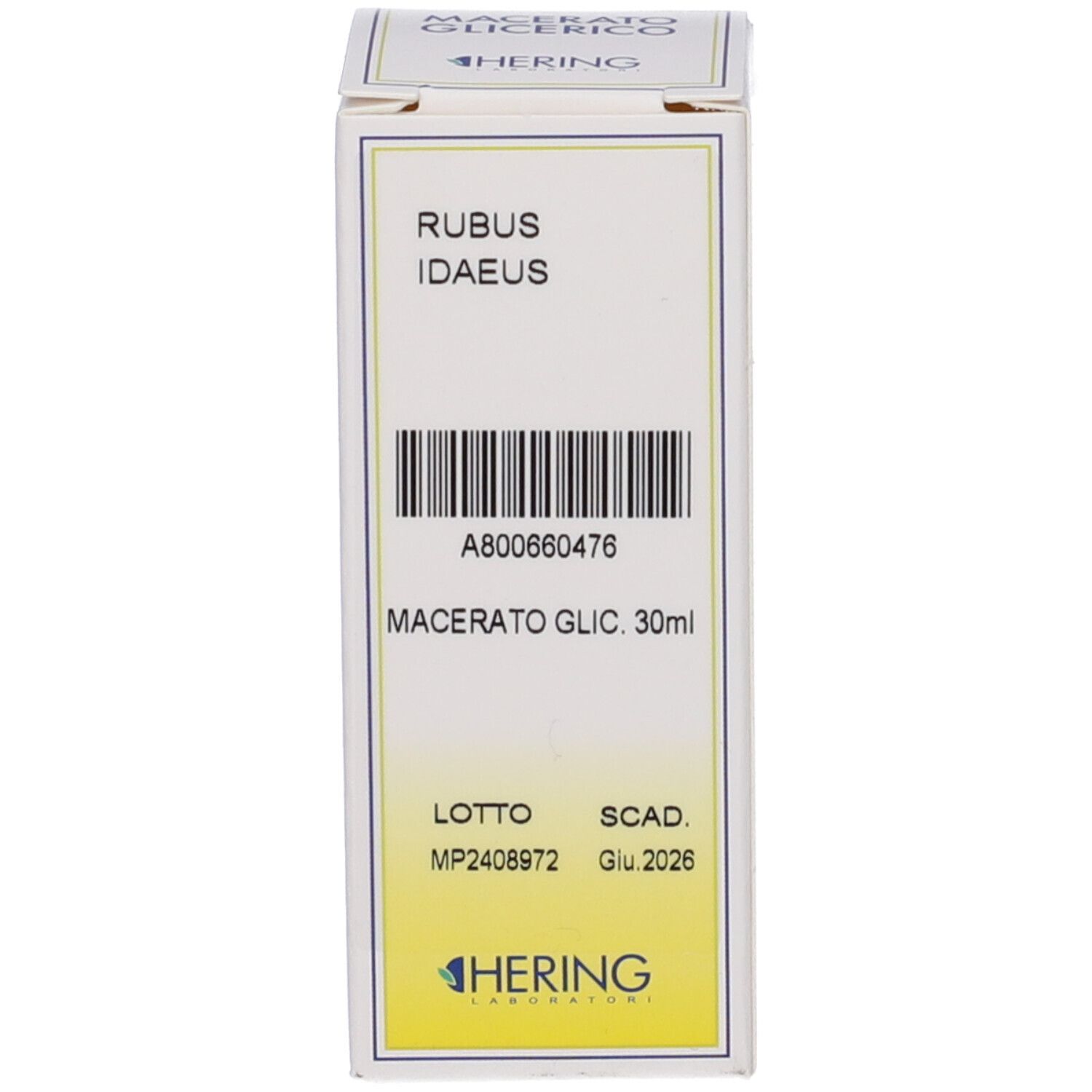 Confezione bianca del prodotto con scritta: Rubus Idaeus Macerato Glic. 30ml. Codice a barre e marchio HERING.