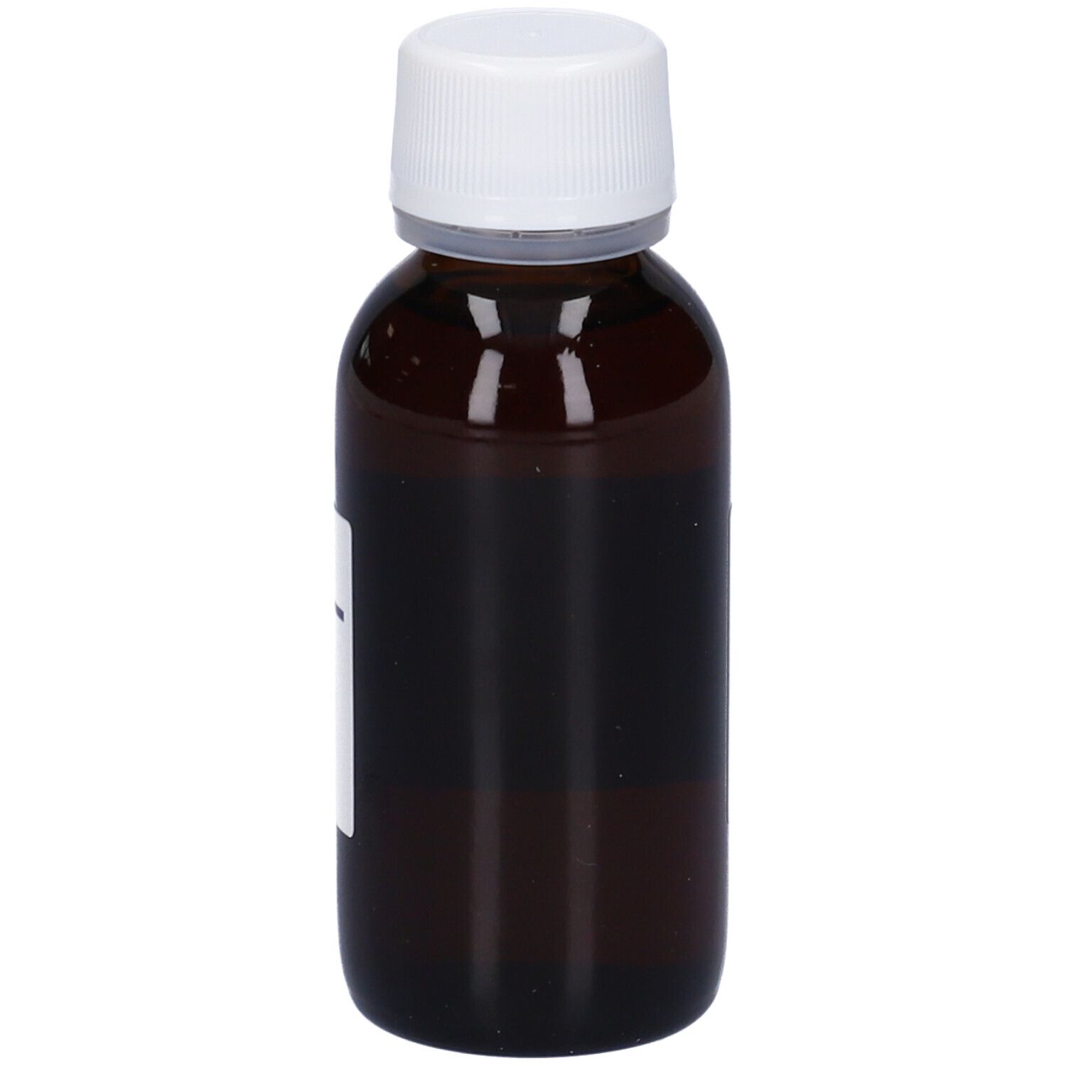 Flacone di vetro marrone con tappo bianco. Etichetta parzialmente visibile. Nessun altro dettaglio visibile.