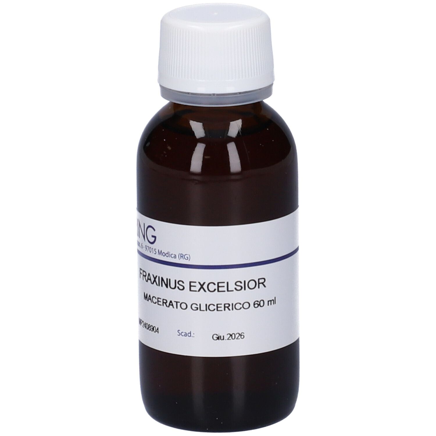 Flacone di vetro marrone con tappo bianco ed etichetta. Scritta: HERING, Fraxinus Excelsior, Macerato Glicerico 60 ml.