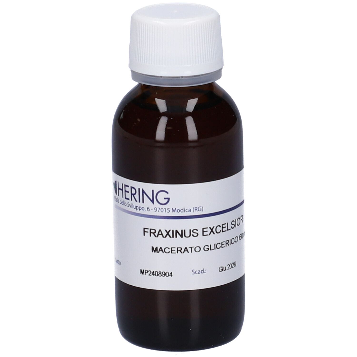 Flacone di vetro marrone con tappo bianco ed etichetta. Scritta: HERING, Fraxinus Excelsior, Macerato Glicerico 60 ml.