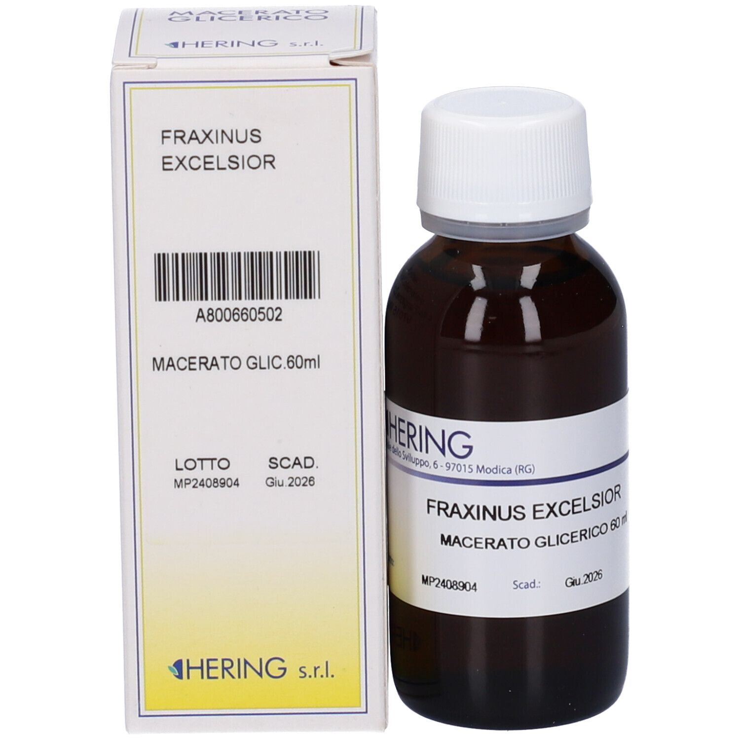 Flacone di vetro marrone con tappo bianco e confezione in cartone. Scritta: Fraxinus Excelsior, Macerato Glic 60ml.