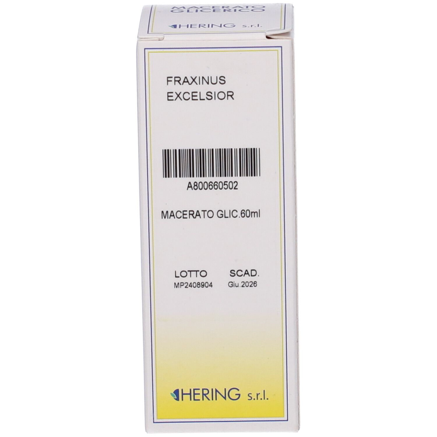 Confezione in cartone con scritta: Fraxinus Excelsior, Macerato Glic 60ml. Logo HERING.