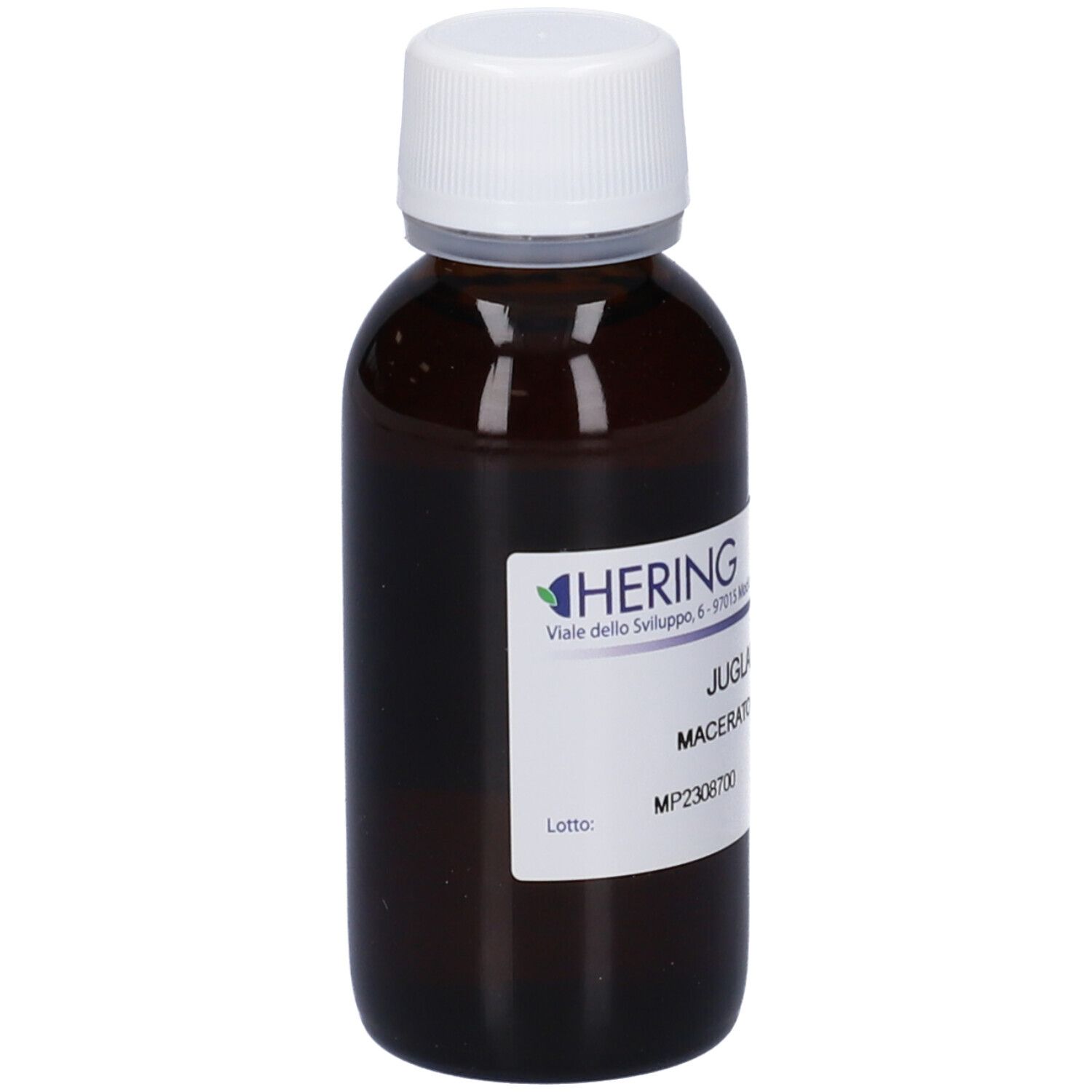 Flacone di vetro marrone con tappo bianco ed etichetta. Scritta: HERING, Juglans Regia, Macerato Glicerico, 60 ml.