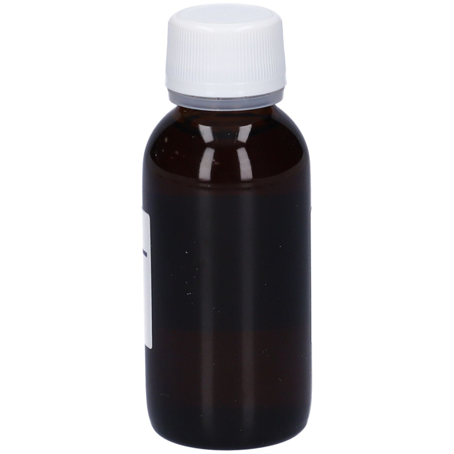 Flacone di vetro marrone con tappo bianco. Etichetta con scritta. Prodotto senza confezione.
