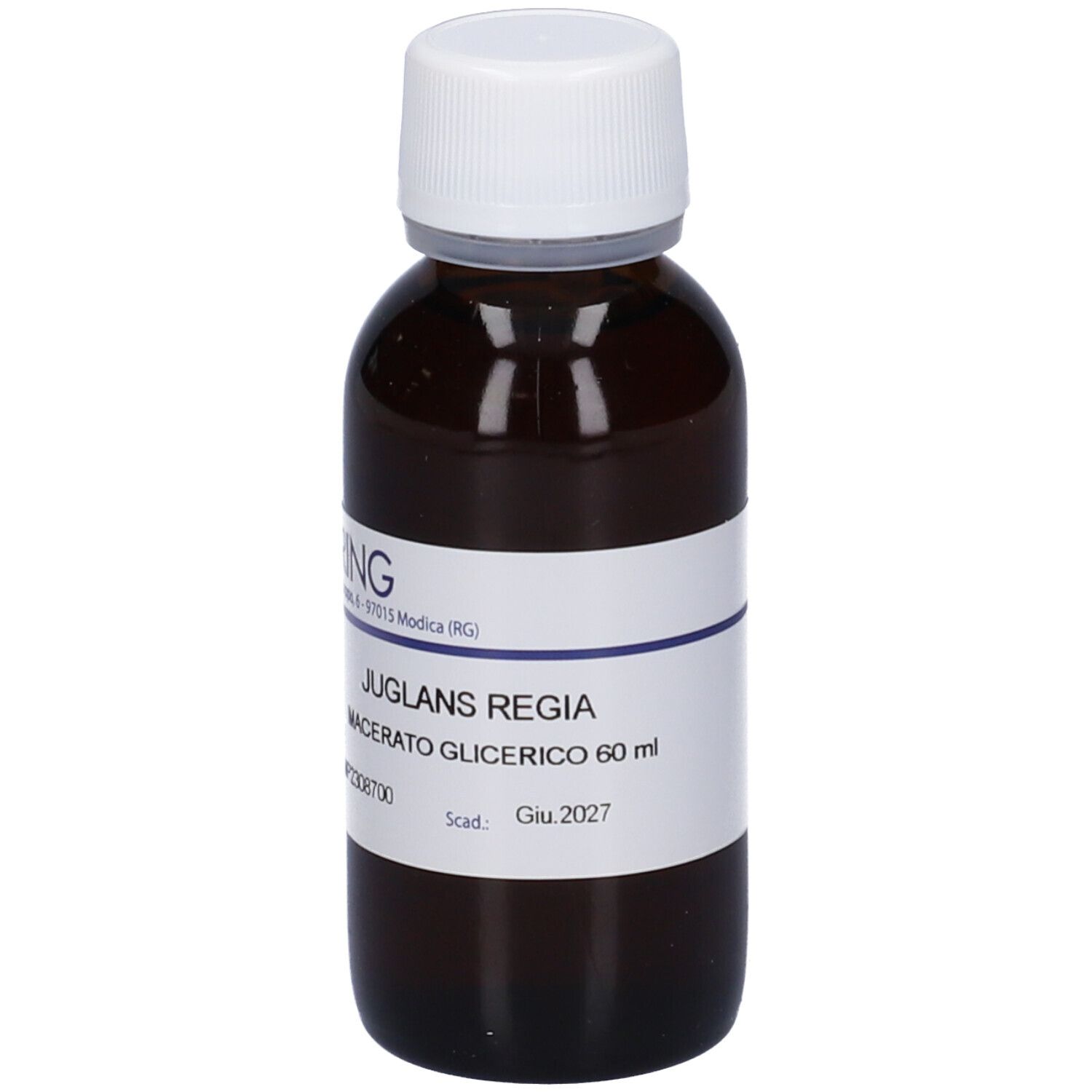 Flacone di vetro marrone con tappo bianco ed etichetta. Scritta: HERING, Juglans Regia, Macerato Glicerico, 60 ml, scad. Giu.2027.