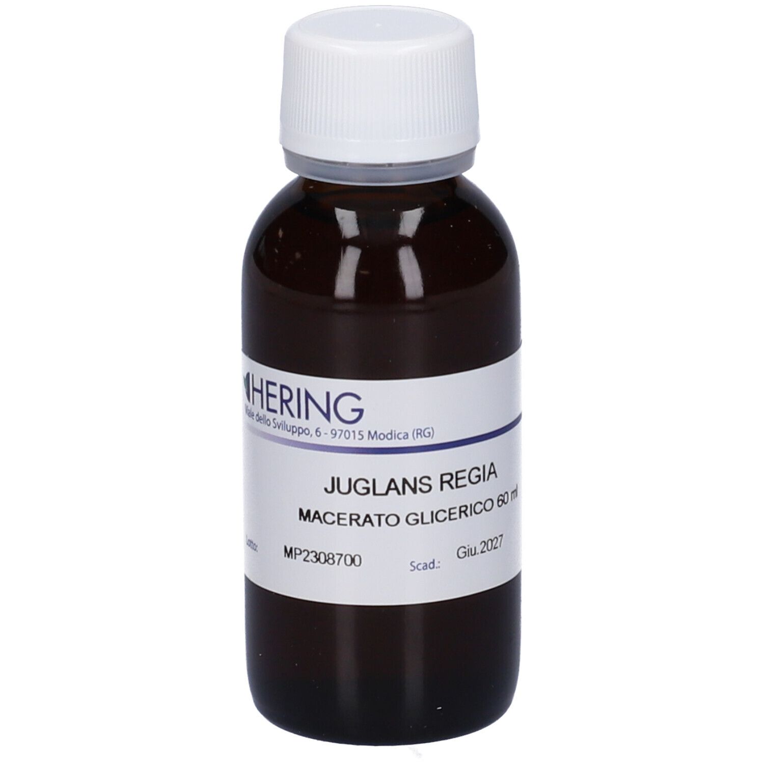 Flacone di vetro marrone con tappo bianco ed etichetta. Scritta: HERING, Juglans Regia, Macerato Glicerico, 60 ml, scad. Giu.2027.
