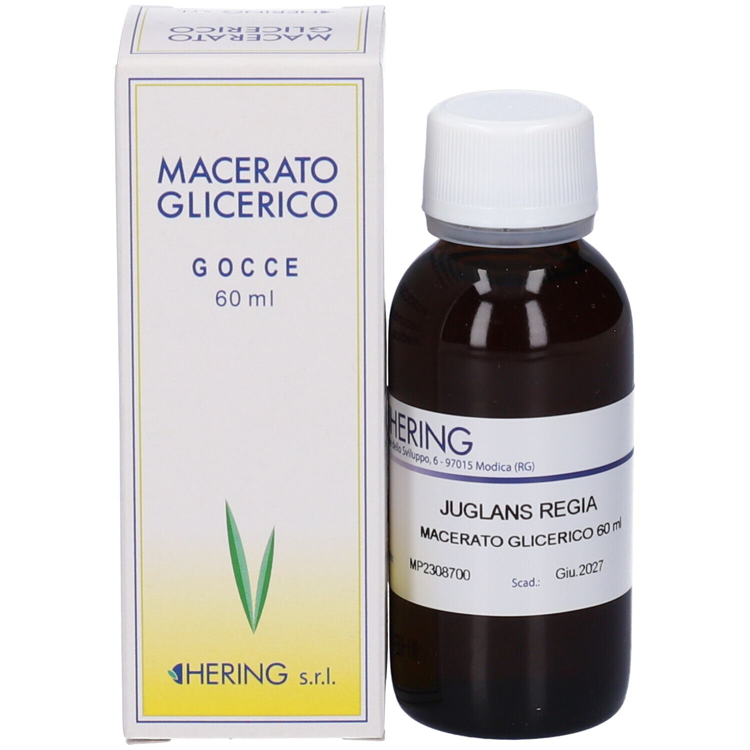 Flacone e confezione del prodotto. Flacone: vetro marrone, tappo bianco, etichetta. Confezione: bianca, verde, testo.