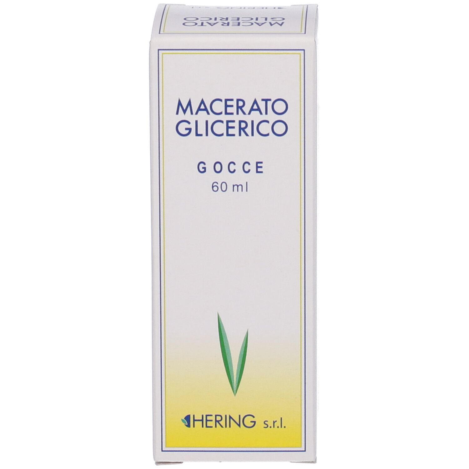 Confezione bianca con testo e logo. Scritta: Macerato Glicerico, Gocce, 60 ml. Logo: HERING s.r.l.