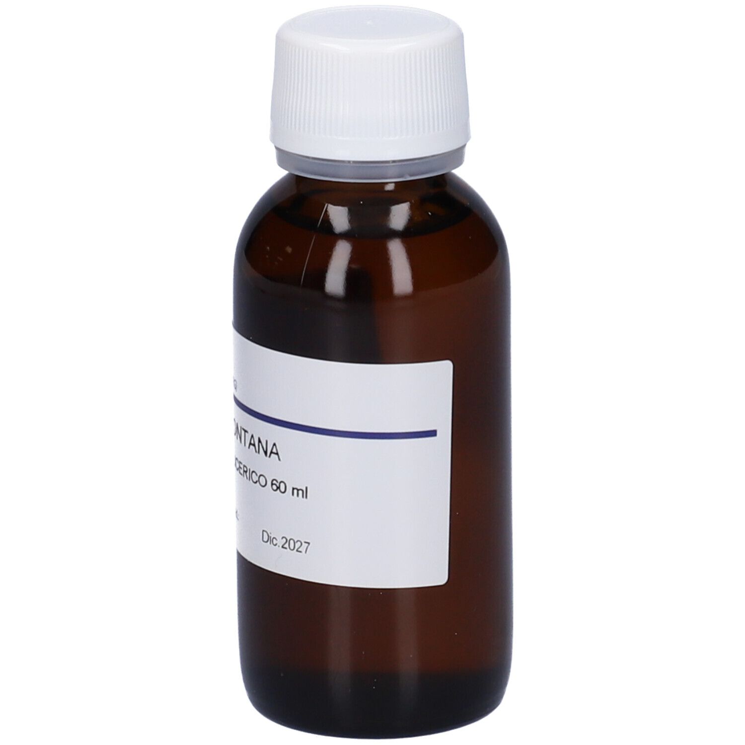 Flacone di vetro marrone con tappo bianco ed etichetta. Scritta: PINUS MONTANA, Macerato Glicerico 60 ml. Marchio HERING.