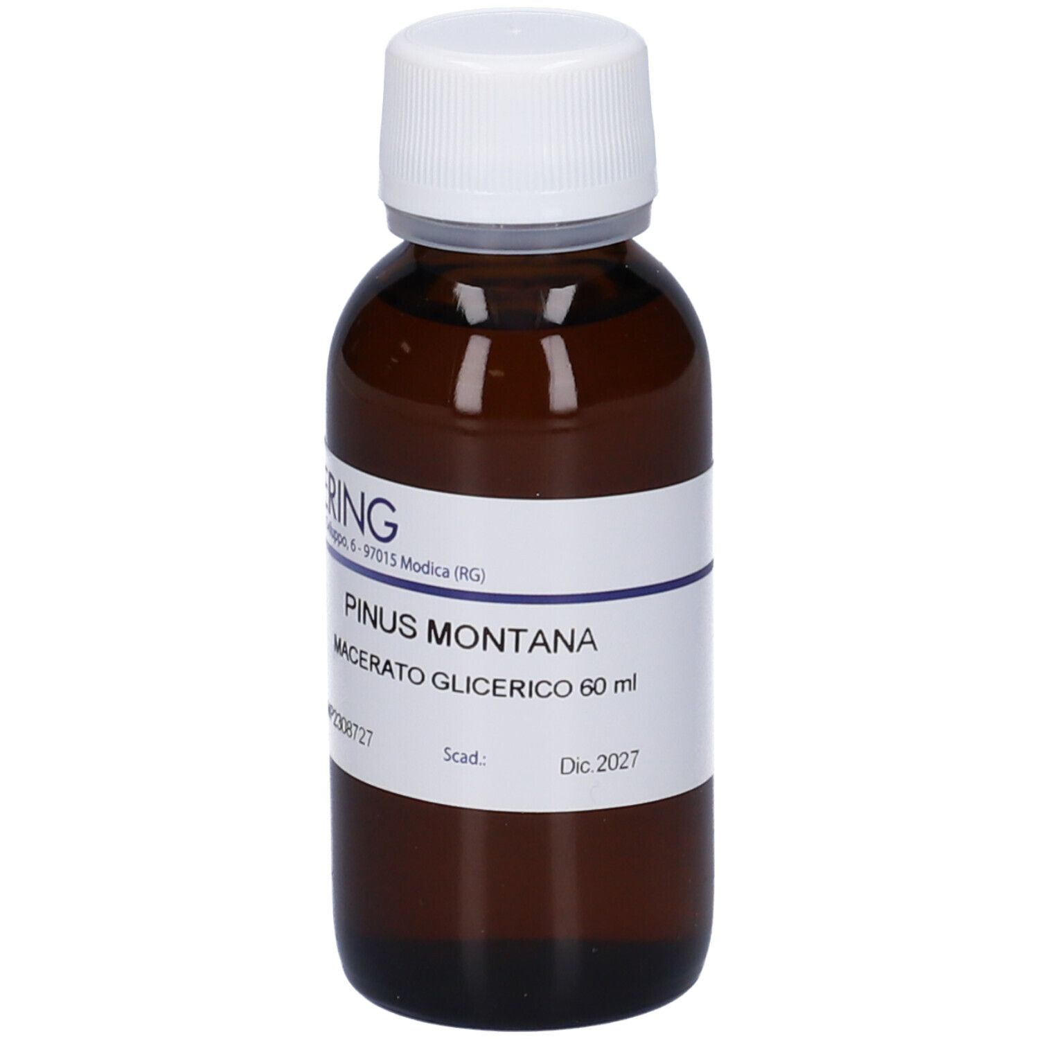 Flacone di vetro marrone con tappo bianco ed etichetta. Scritta: PINUS MONTANA, Macerato Glicerico 60 ml. Marchio HERING.