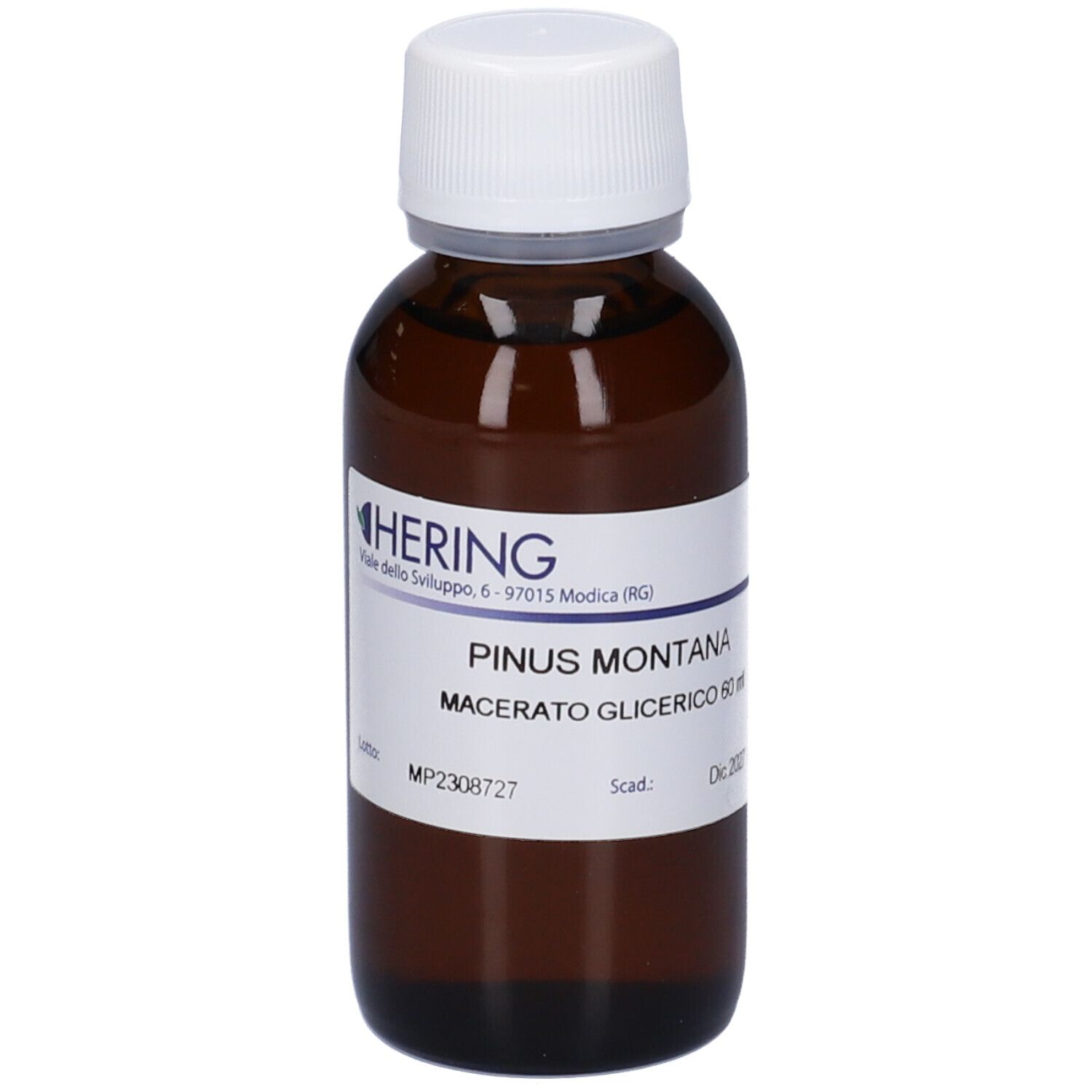 Flacone di vetro marrone con tappo bianco ed etichetta. Scritta: PINUS MONTANA, Macerato Glicerico 60 ml. Marchio HERING.