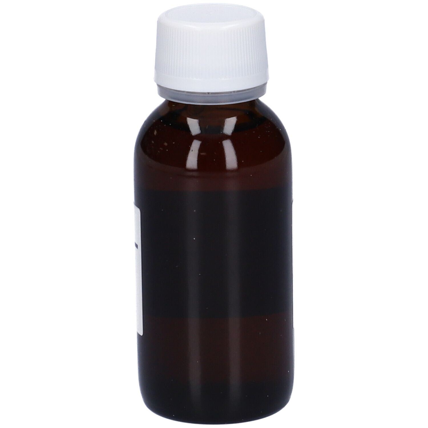 Flacone di vetro marrone con tappo bianco. Etichetta con informazioni sul prodotto. Liquido visibile.