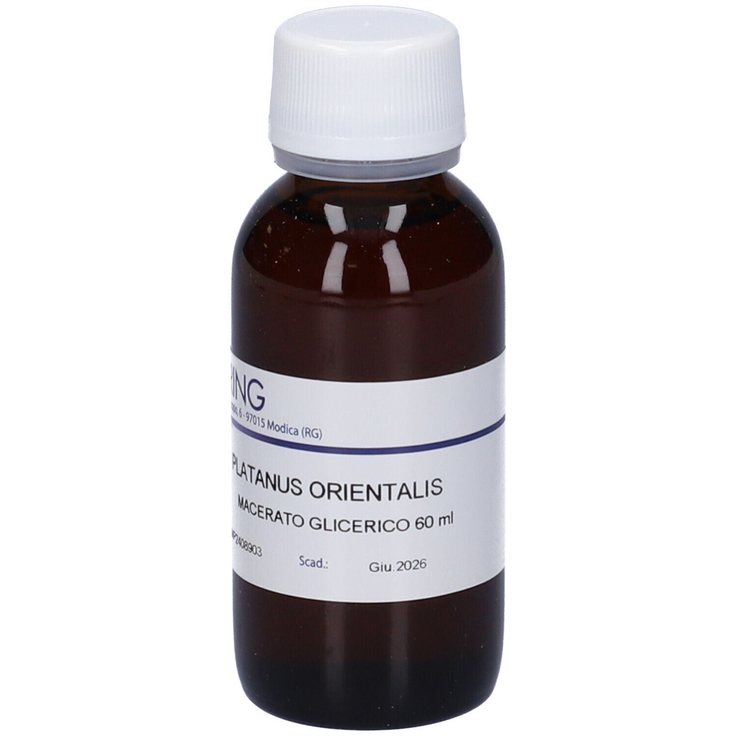 Flacone di vetro marrone con tappo bianco ed etichetta. Scritta: HERING, Platanus Orientalis, Macerato Glicerico.