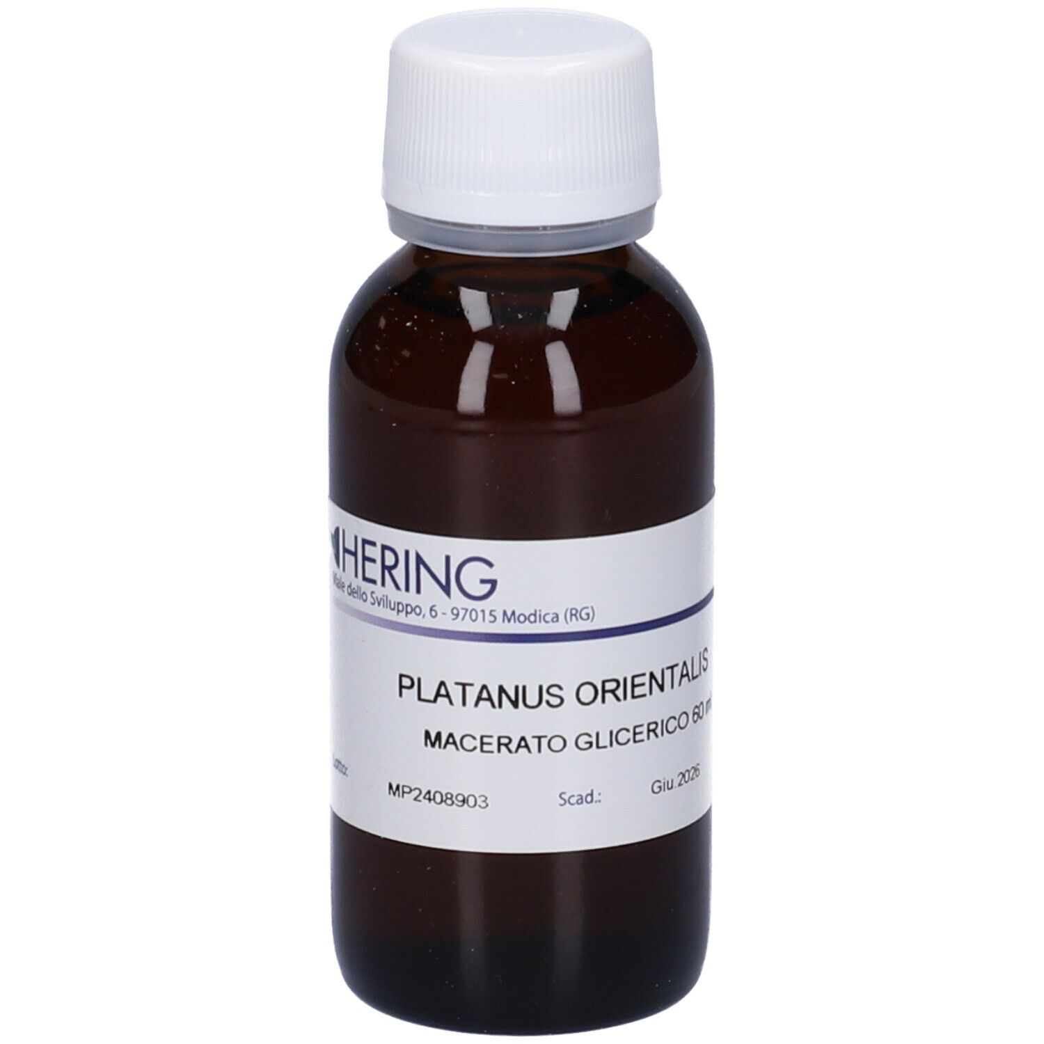 Flacone di vetro marrone con tappo bianco ed etichetta. Scritta: HERING, Platanus Orientalis, Macerato Glicerico.