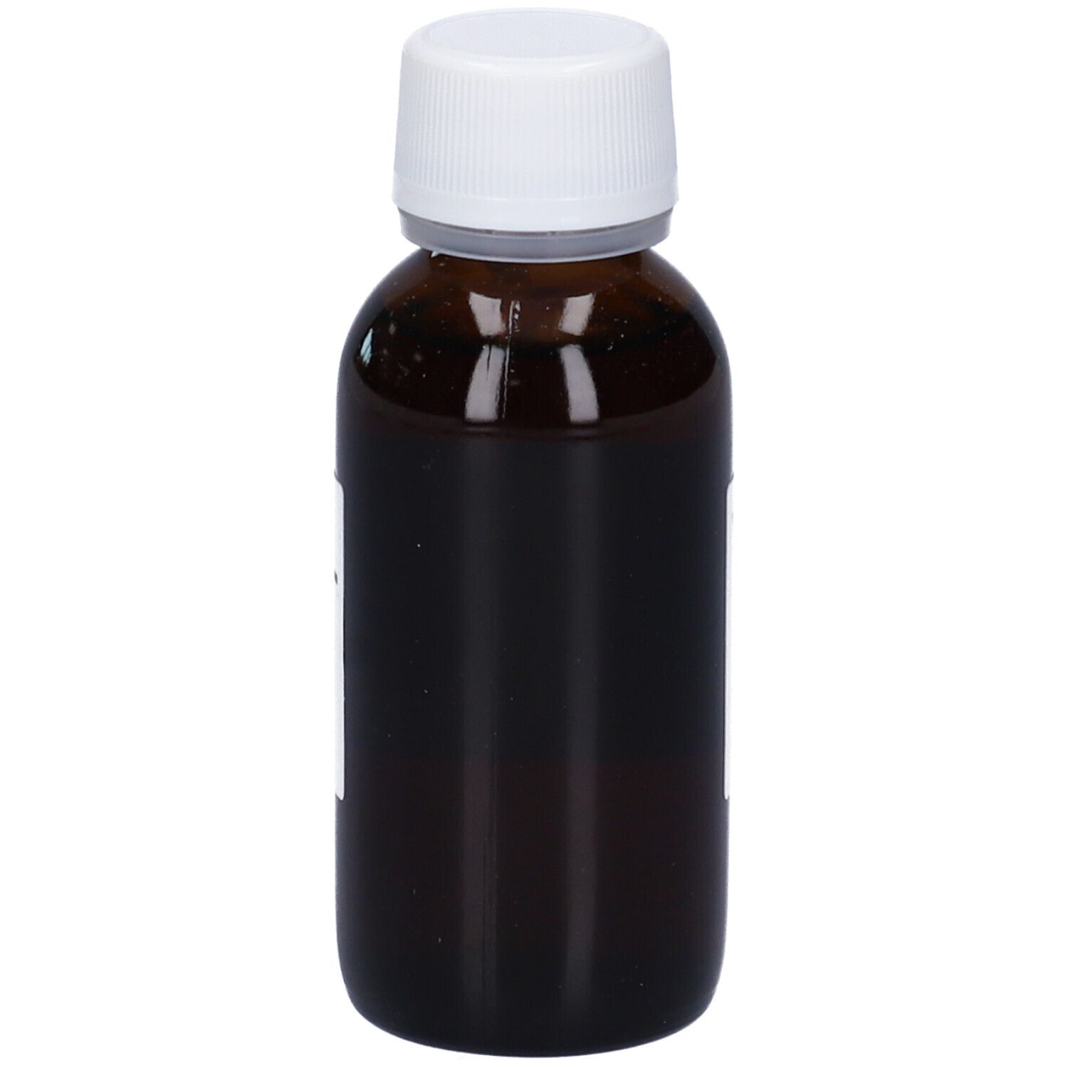 Flacone di vetro marrone con tappo bianco ed etichetta. Scritta parzialmente leggibile. Marchio Hering.