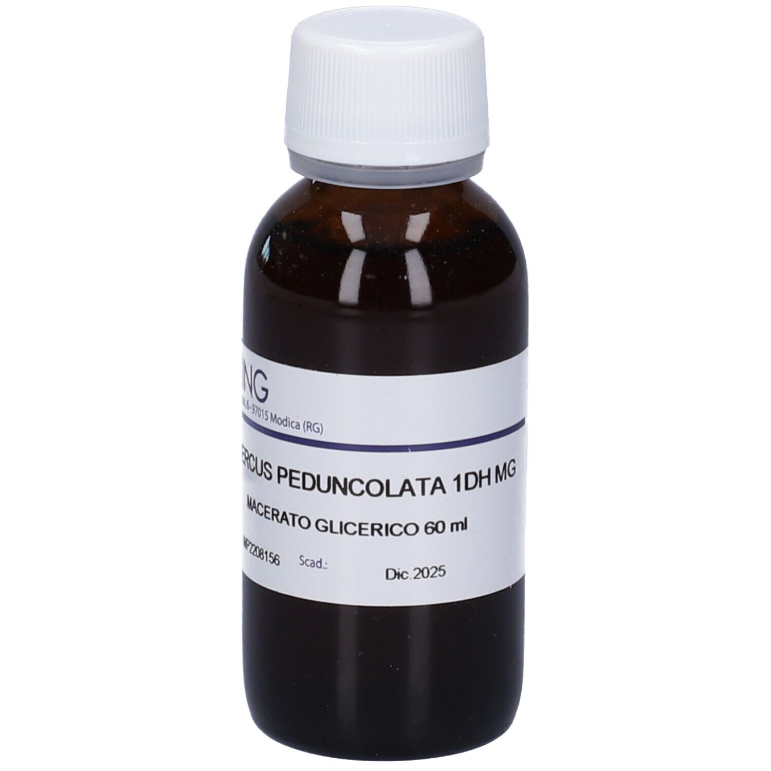 Flacone di vetro marrone con tappo bianco ed etichetta. Scritta: Quercus Peduncolata 1DH, Macerato Glicerico, 60 ml. Marchio Hering.