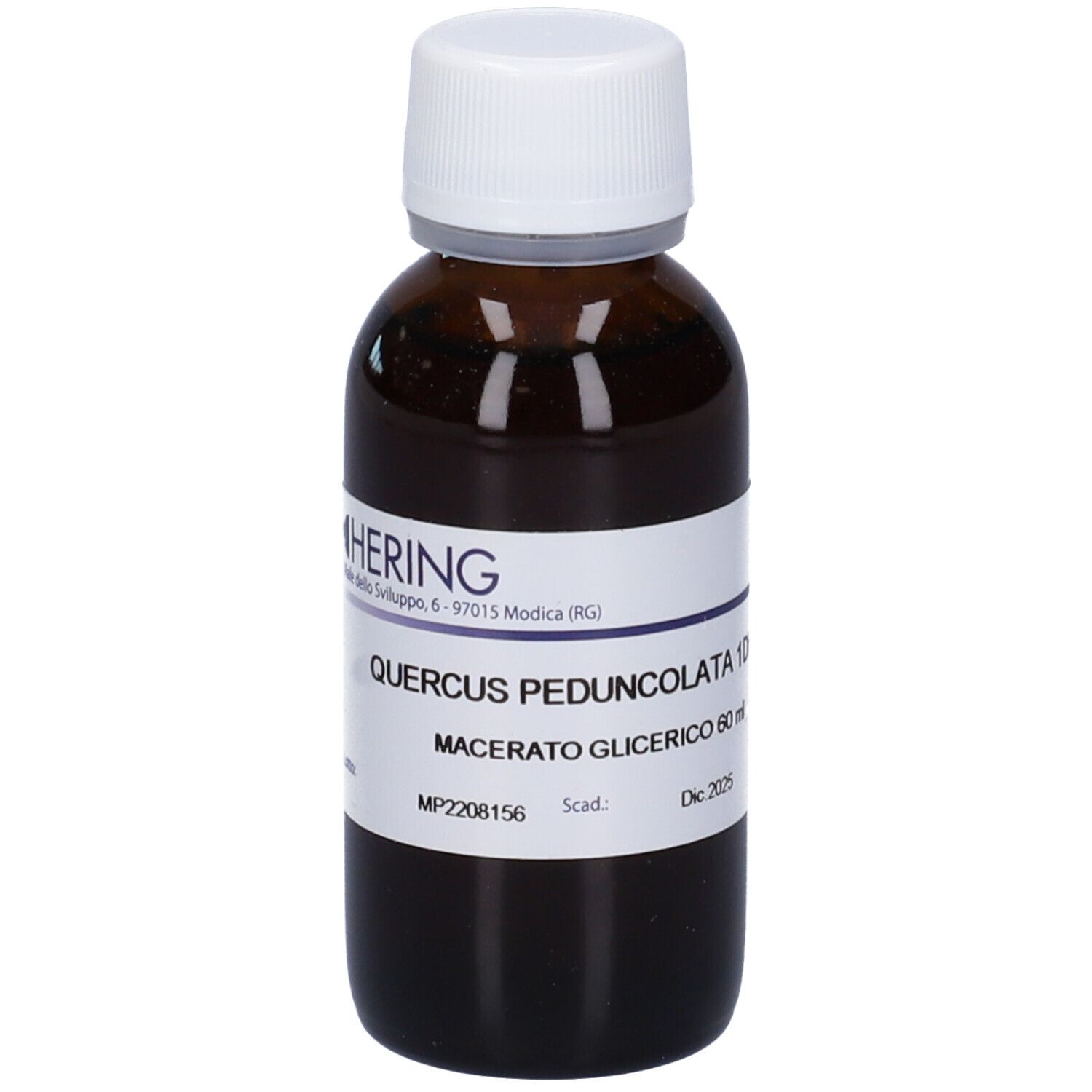 Flacone di vetro marrone con tappo bianco ed etichetta. Scritta: Quercus Peduncolata 1DH, Macerato Glicerico, 60 ml. Marchio Hering.