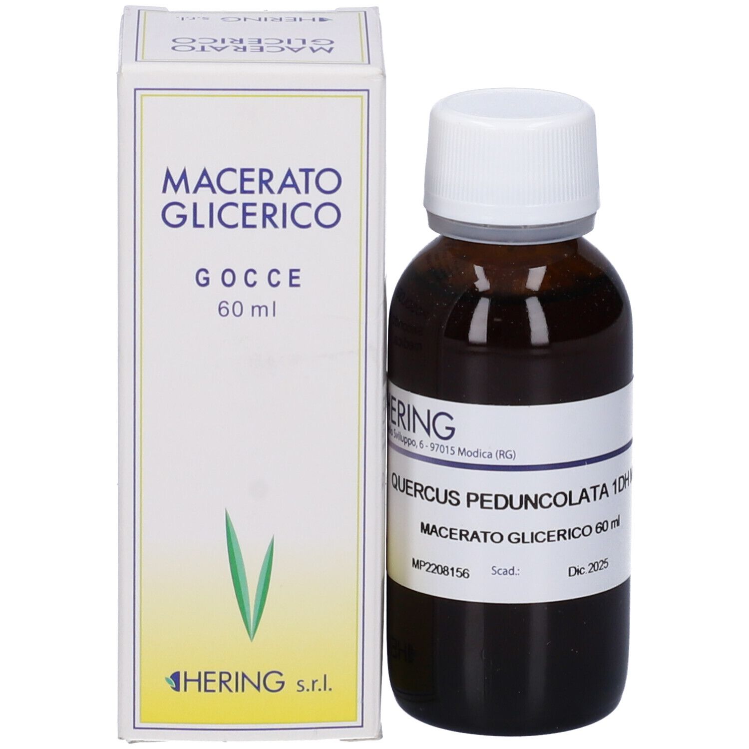 Flacone di vetro marrone con tappo bianco ed etichetta, accanto a una scatola bianca. Scritta: Macerato Glicerico, 60 ml. Marchio Hering.