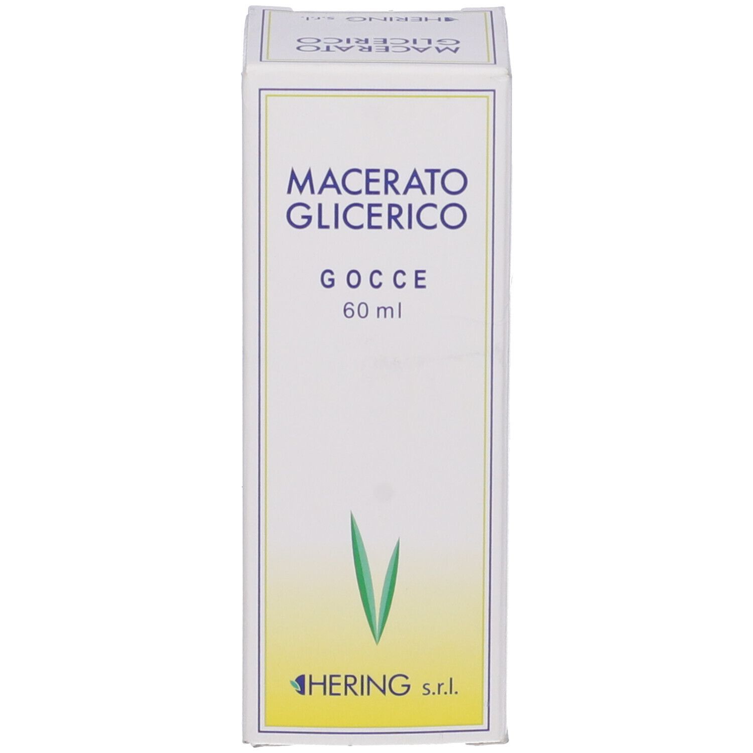 Scatola bianca con grafica verde e scritta: Macerato Glicerico, 60 ml. Marchio Hering.