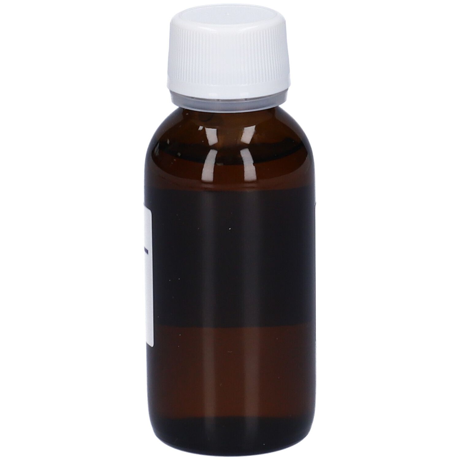 Flacone di vetro marrone con tappo bianco. Etichetta parzialmente visibile. Nome del prodotto illeggibile.