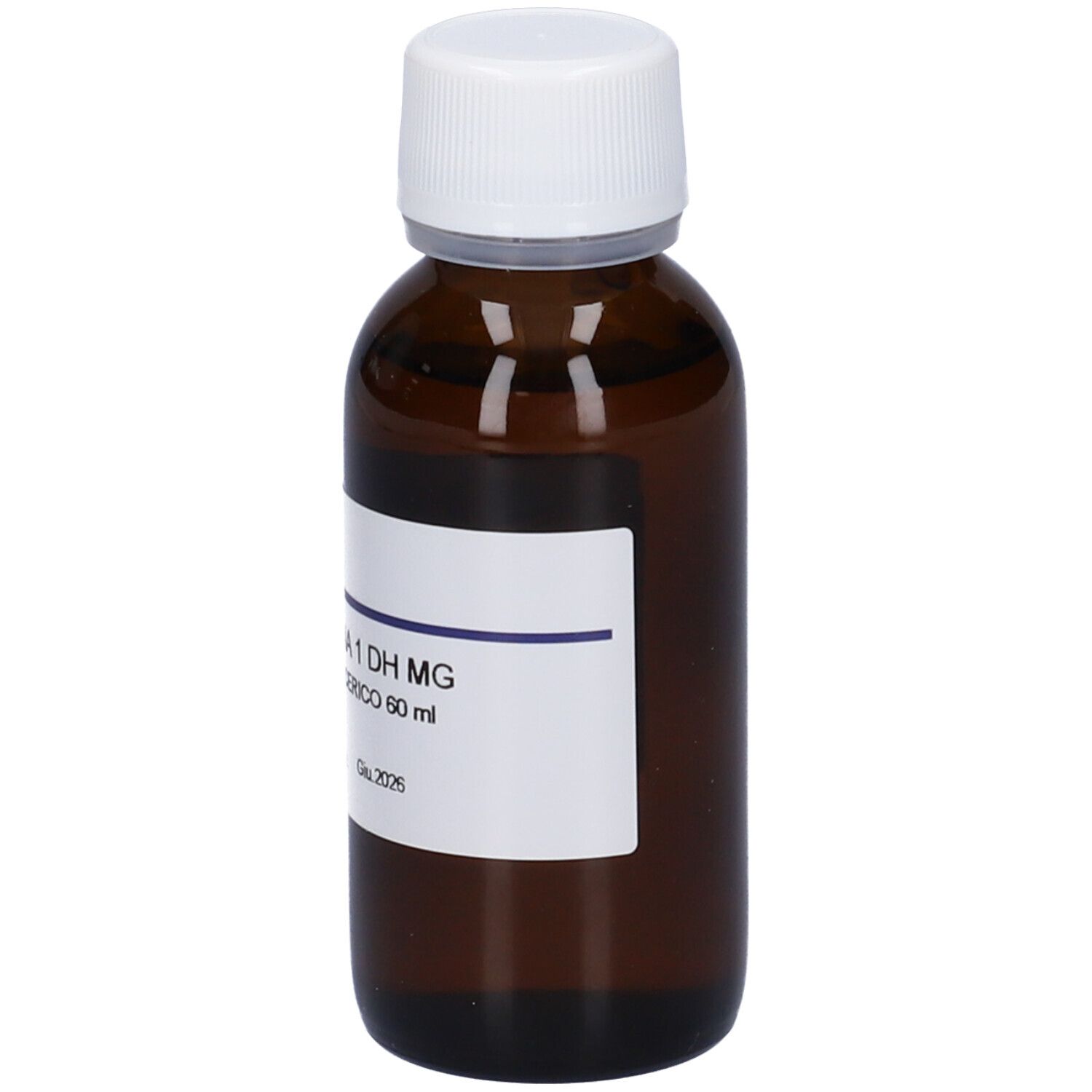 Flacone di vetro marrone con tappo bianco ed etichetta. Scritta: Rosa Canina 1 DH MG, Macerato Glicerico.