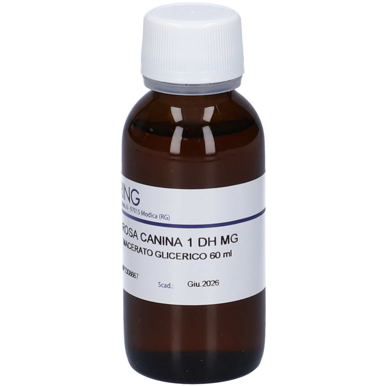 Flacone di vetro marrone con tappo bianco ed etichetta. Scritta: Rosa Canina 1 DH MG, Macerato Glicerico.