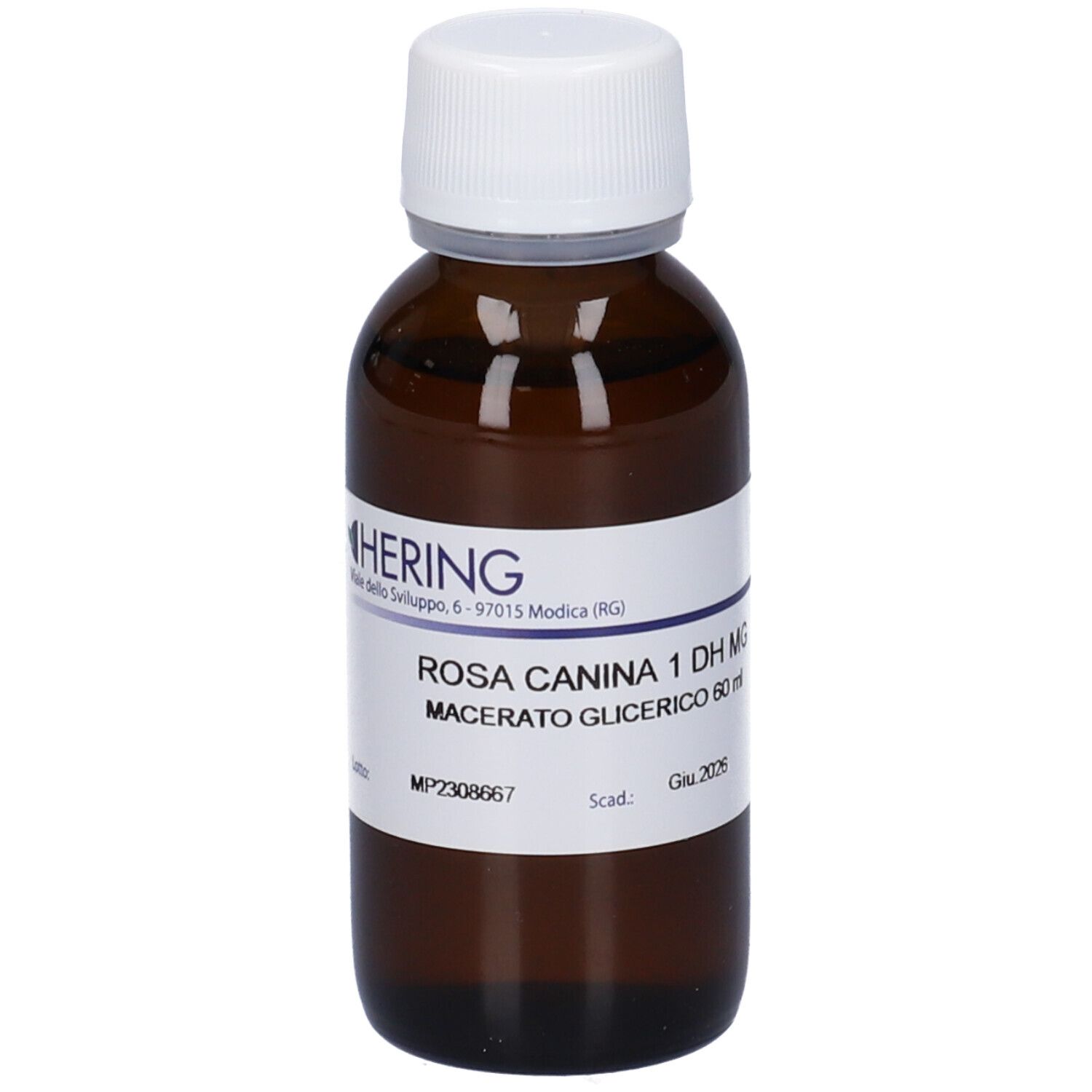 Flacone di vetro marrone con tappo bianco ed etichetta. Scritta: Rosa Canina 1 DH MG, Macerato Glicerico.