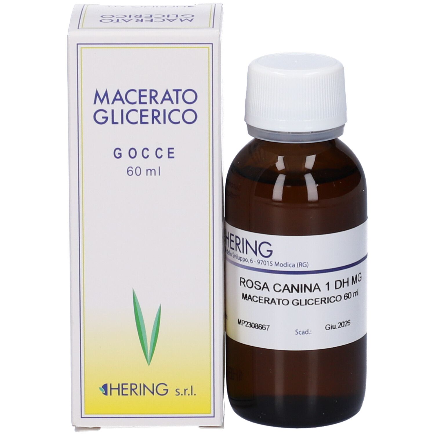 Flacone di vetro marrone con tappo bianco e scatola. Scatola con nome del prodotto e logo HERING.