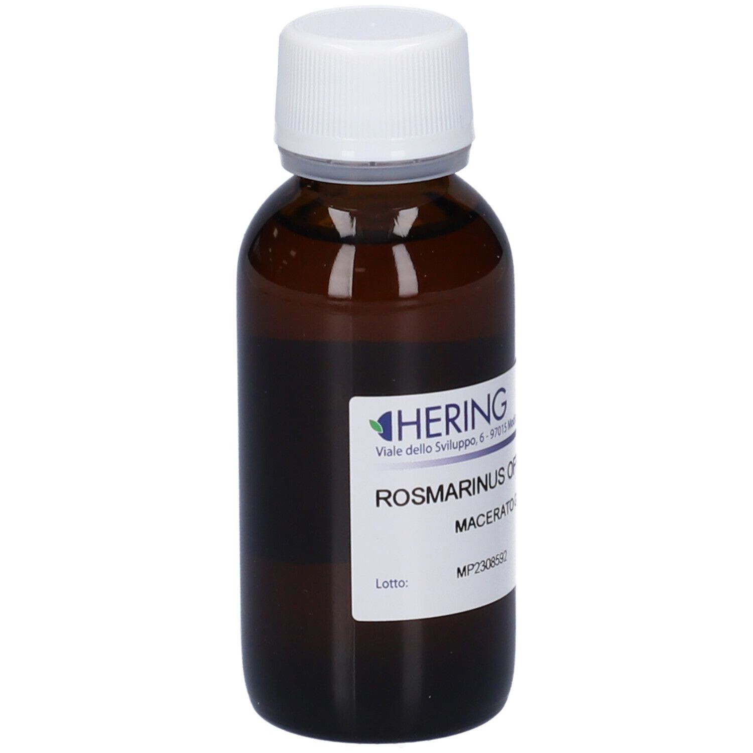 Flacone di vetro marrone con tappo bianco. Etichetta con informazioni sul prodotto. Logo HERING visibile.